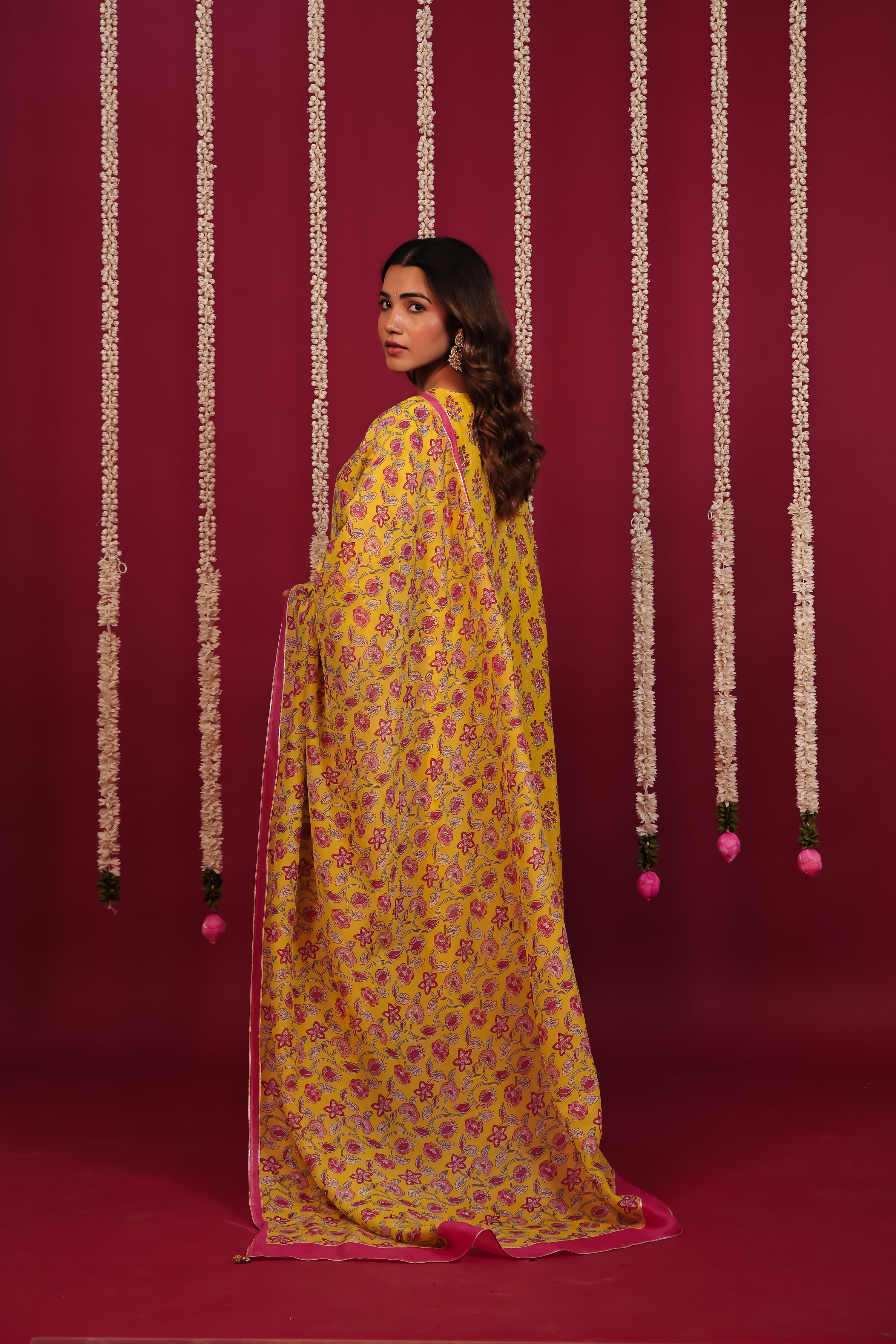 Haldi Yellow Hand-Block Embroidered Maslin Suit Set