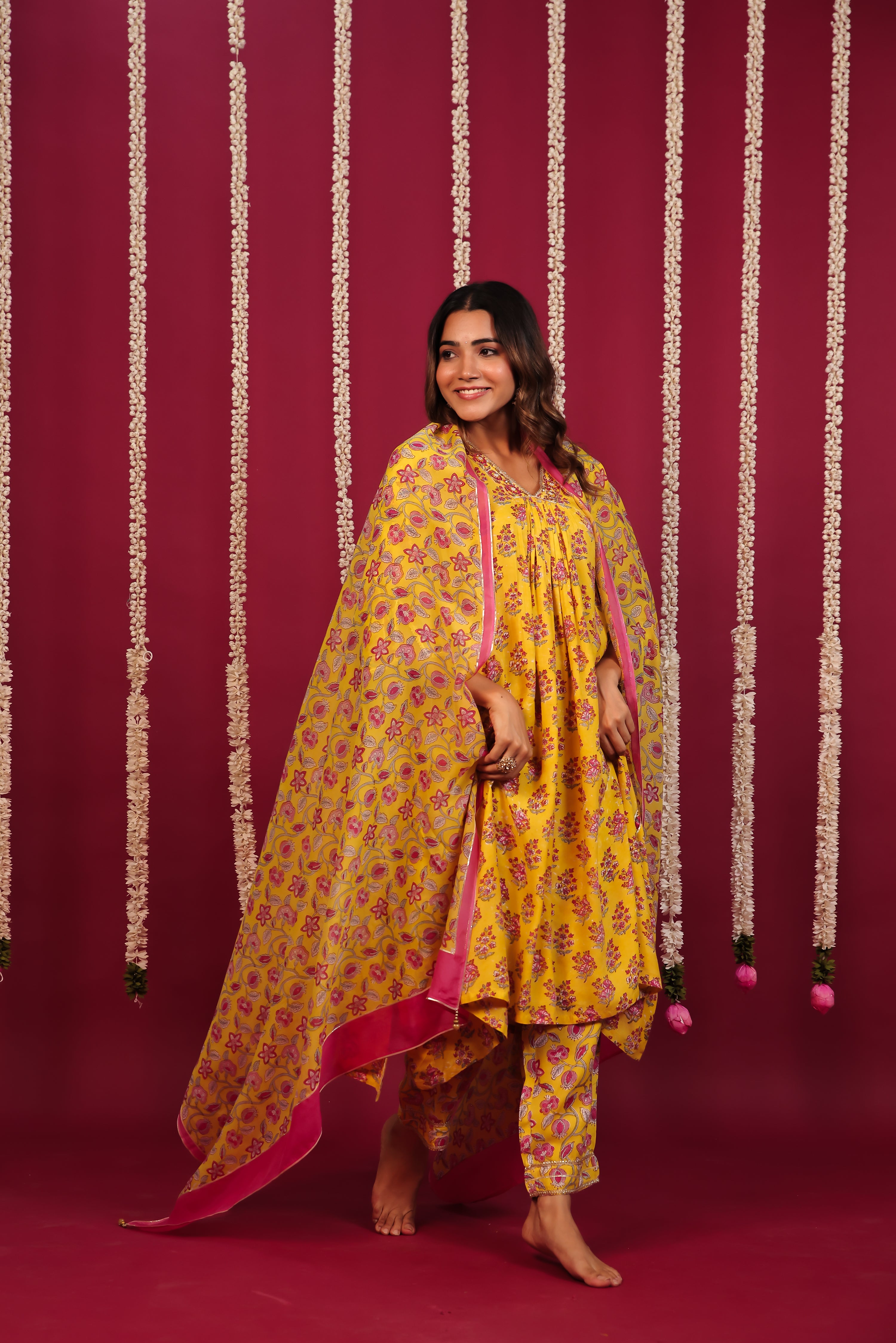 Haldi Yellow Hand-Block Embroidered Maslin Suit Set