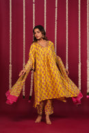 Haldi Yellow Hand-Block Embroidered Maslin Suit Set