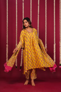 Haldi Yellow Hand-Block Embroidered Maslin Suit Set