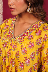 Haldi Yellow Hand-Block Embroidered Maslin Suit Set