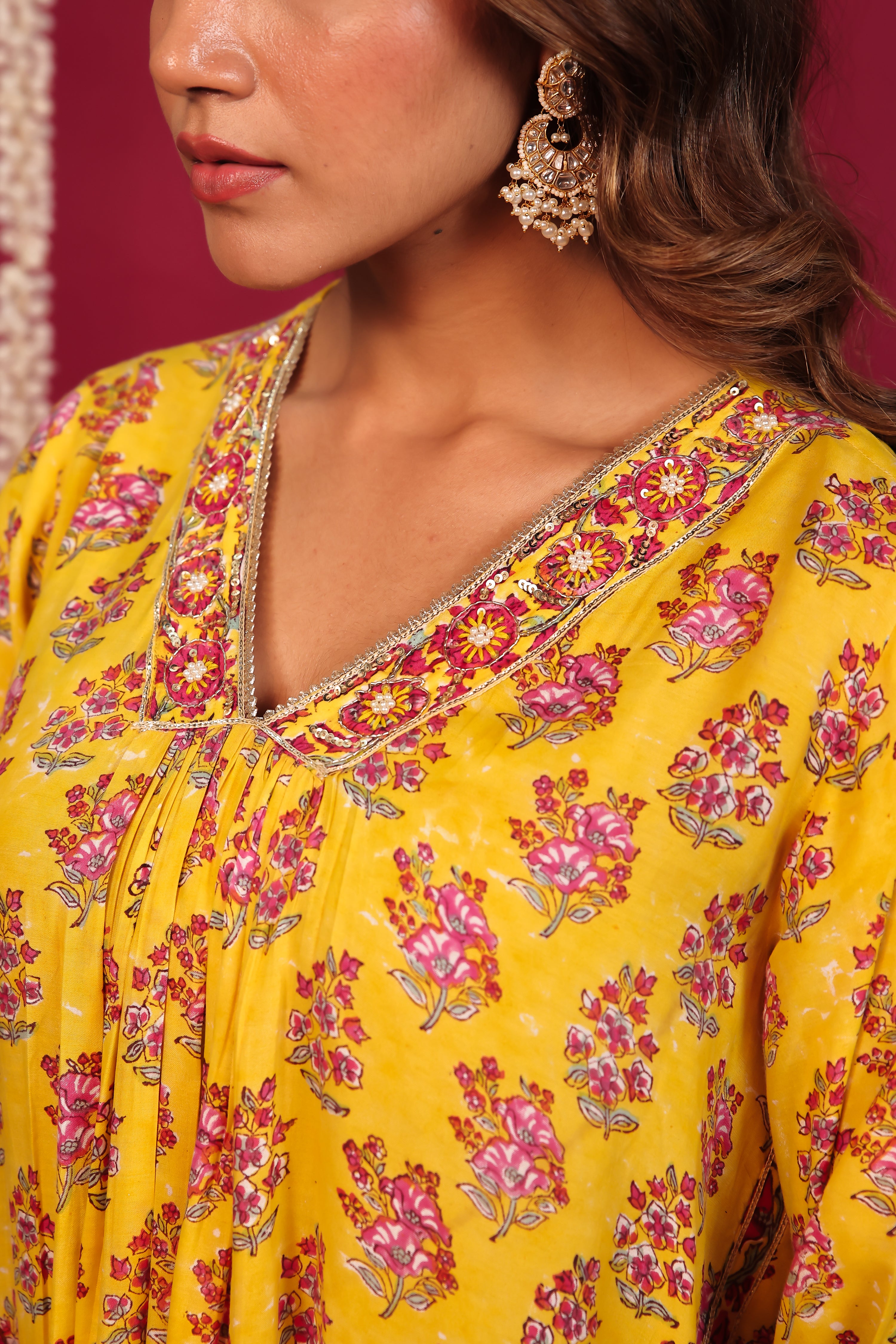 Haldi Yellow Hand-Block Embroidered Maslin Suit Set