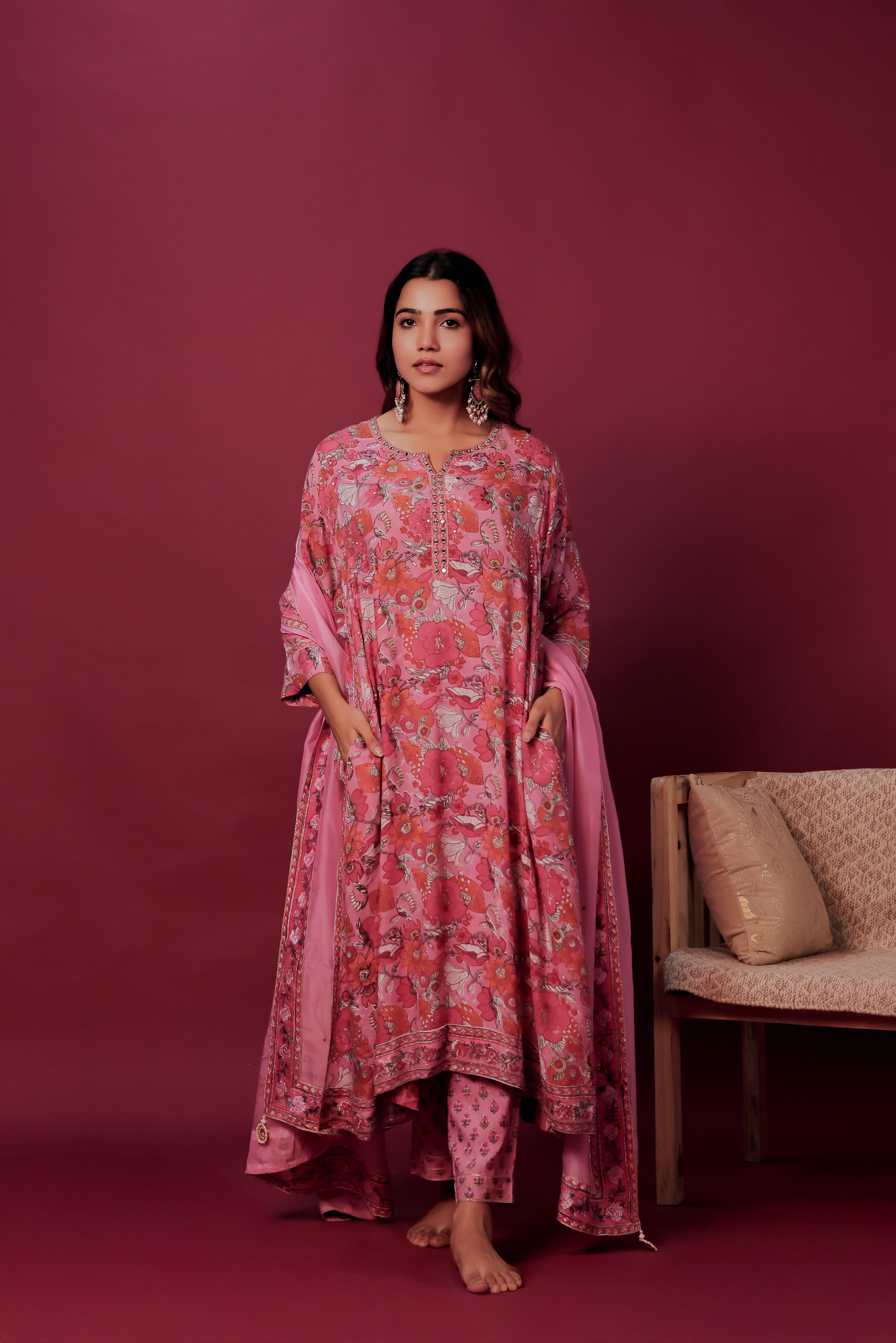 Pink Muslin Hand- Block Embroidered Suit Set