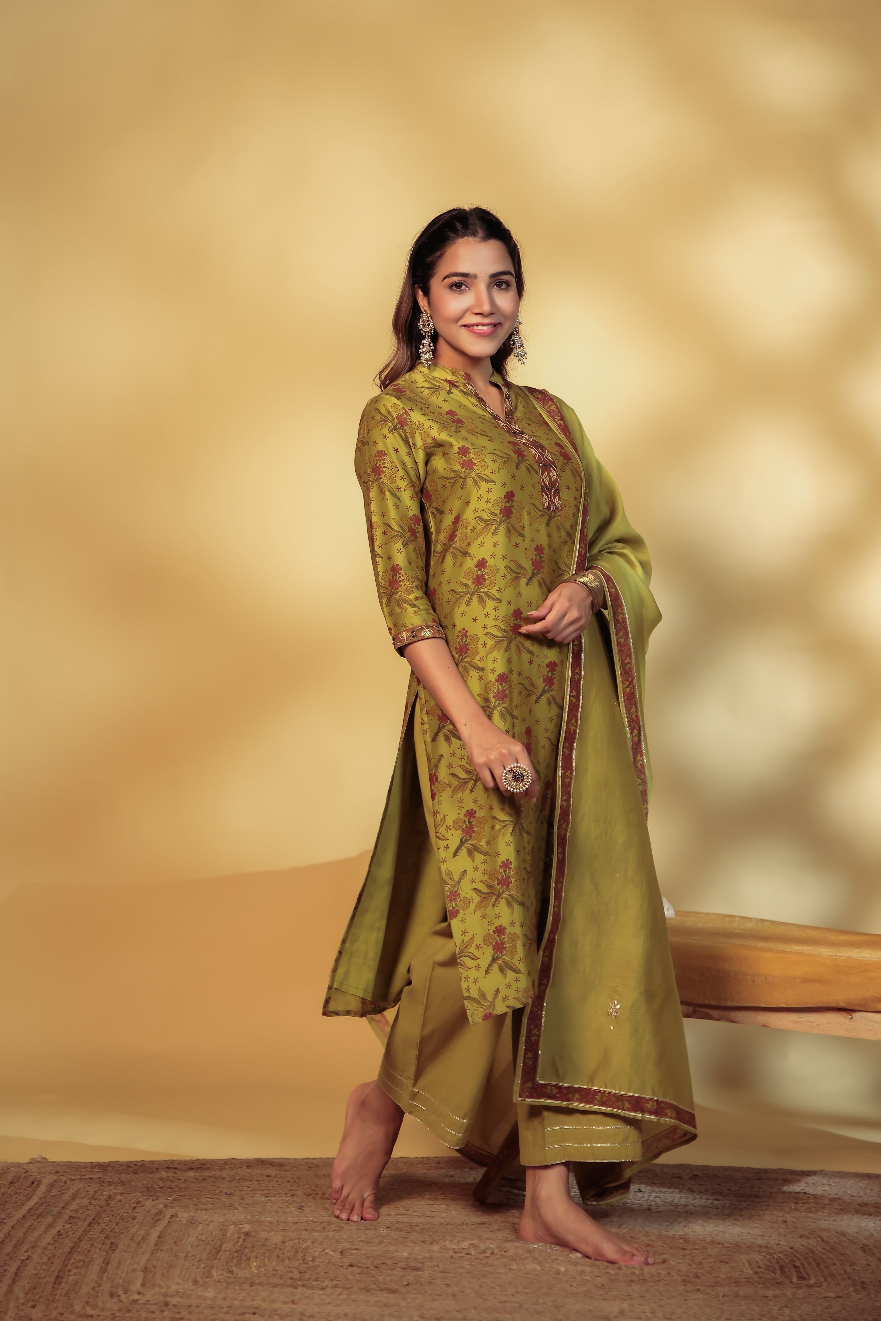 Mahendi Green Chanderi Hand-Block Embroidered Suit Set