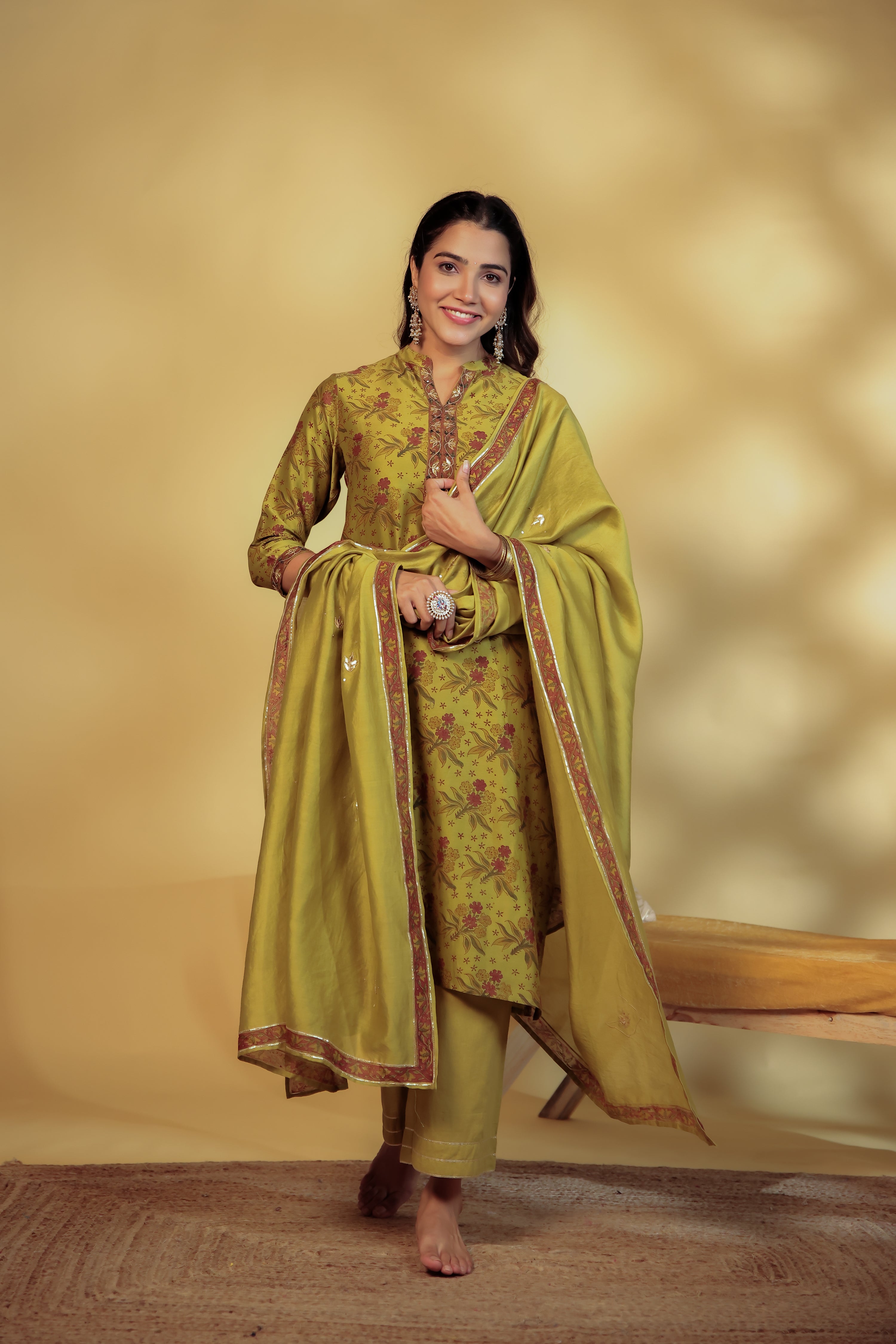 Mahendi Green Chanderi Hand-Block Embroidered Suit Set