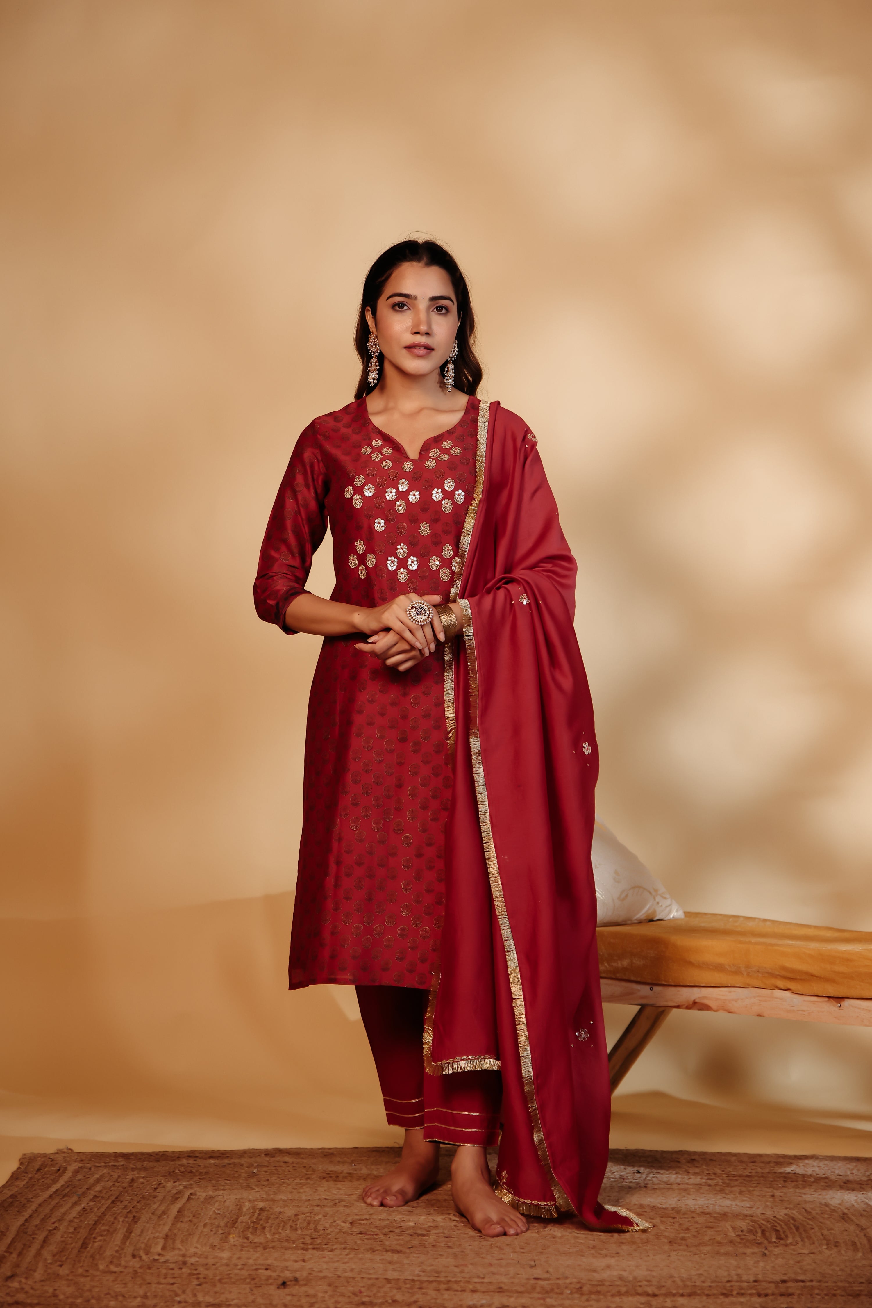 Maroon Chanderi Hand-Embroidered Suit Set