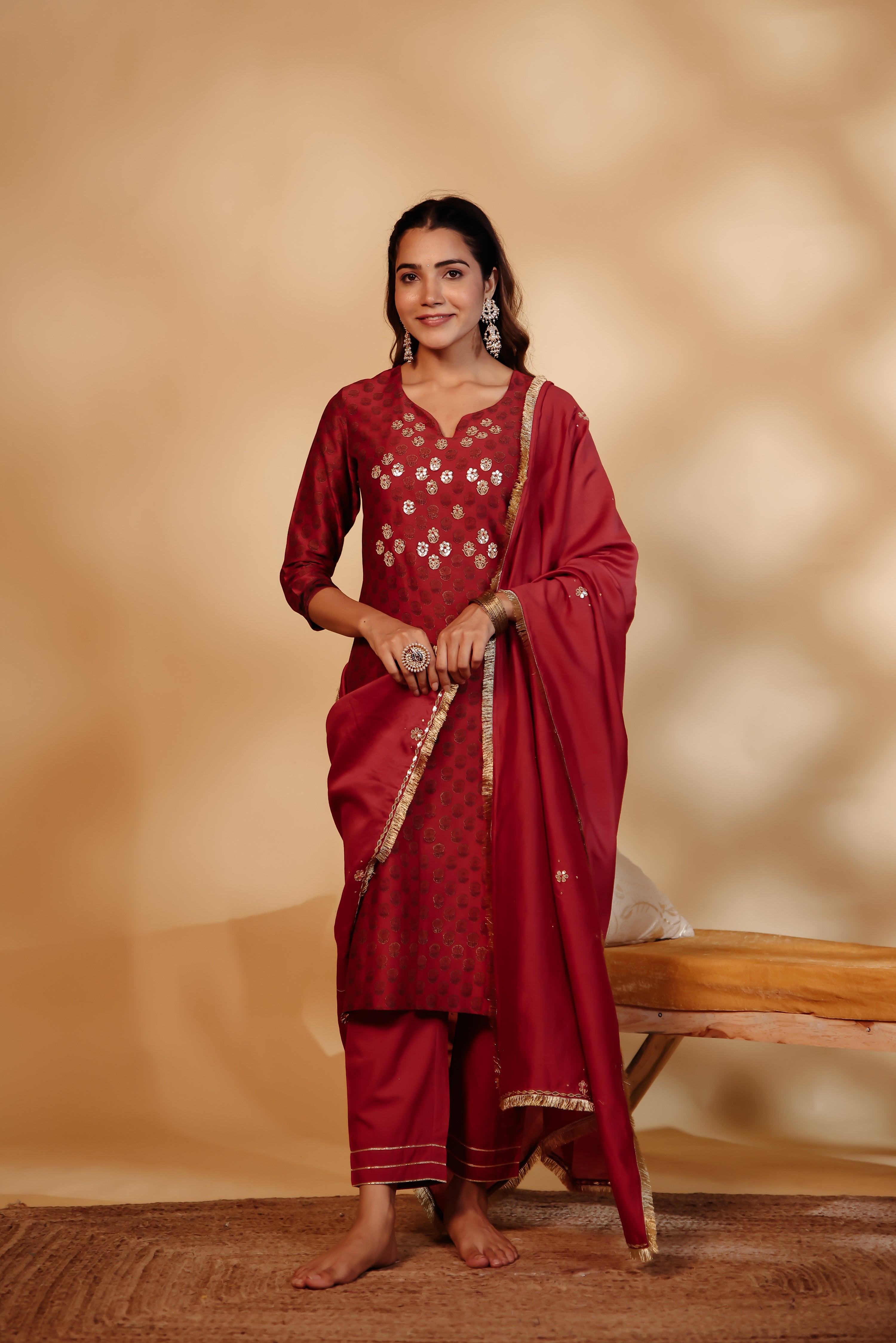 Maroon Chanderi Hand-Embroidered Suit Set