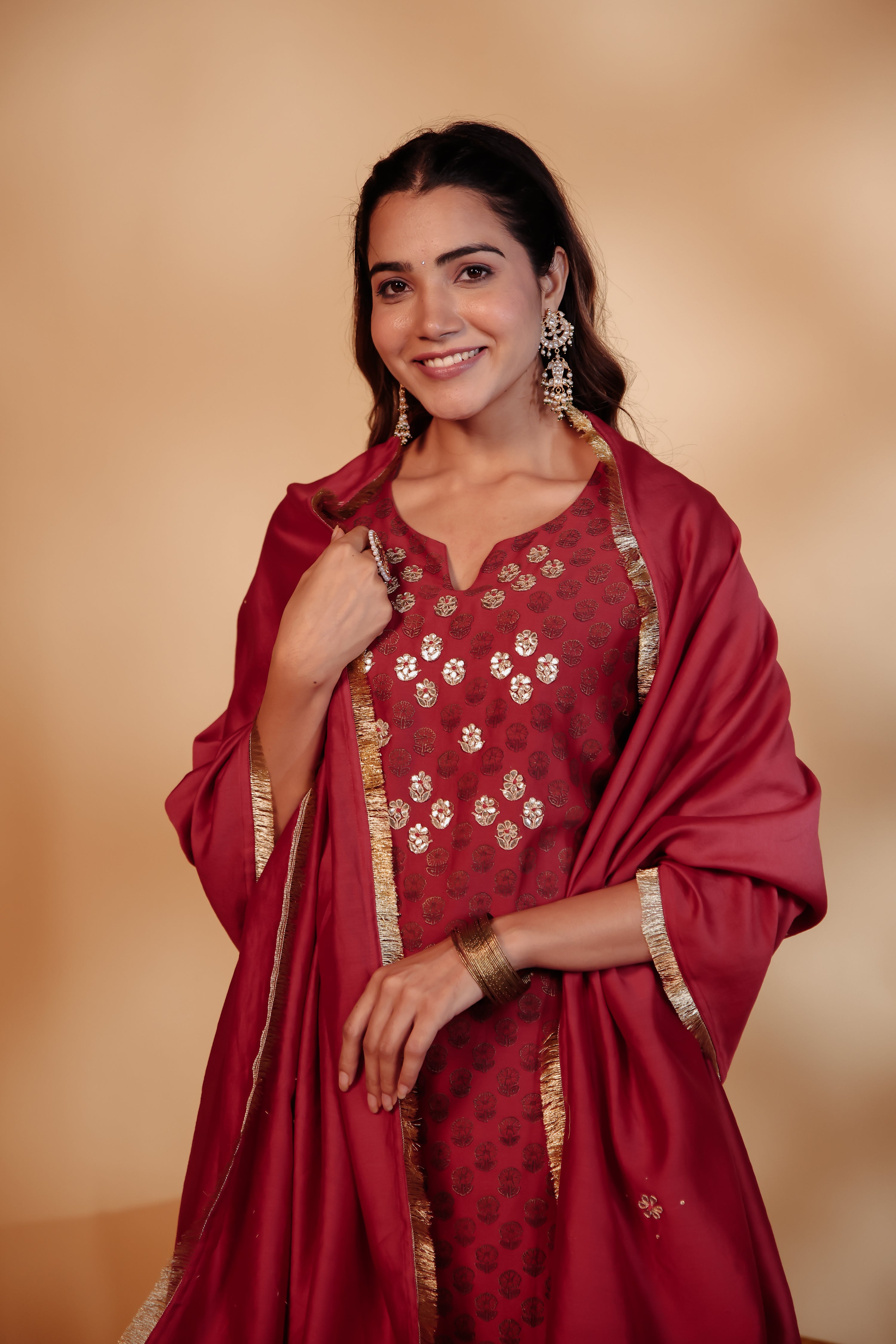 Maroon Chanderi Hand-Embroidered Suit Set