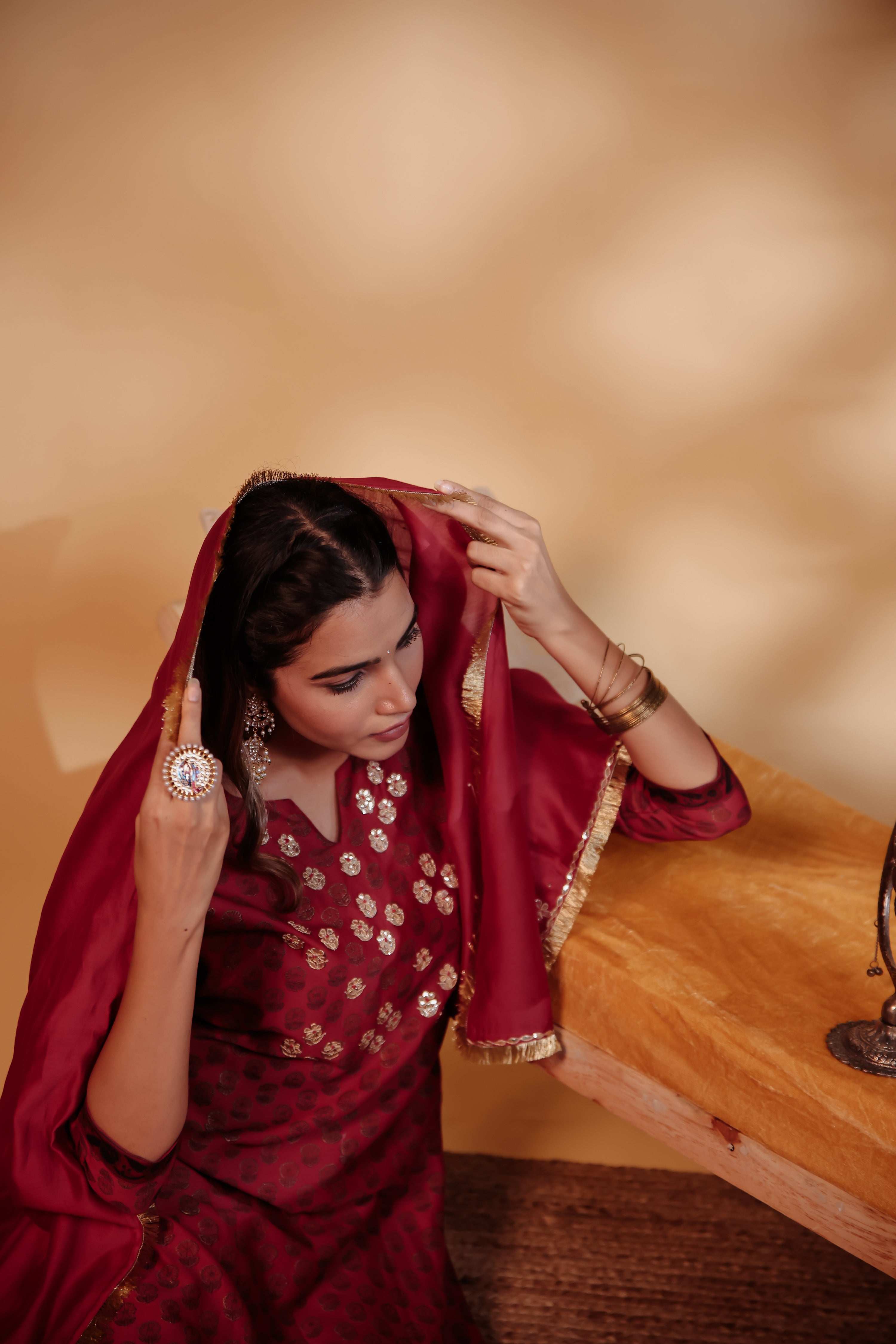 Maroon Chanderi Hand-Embroidered Suit Set