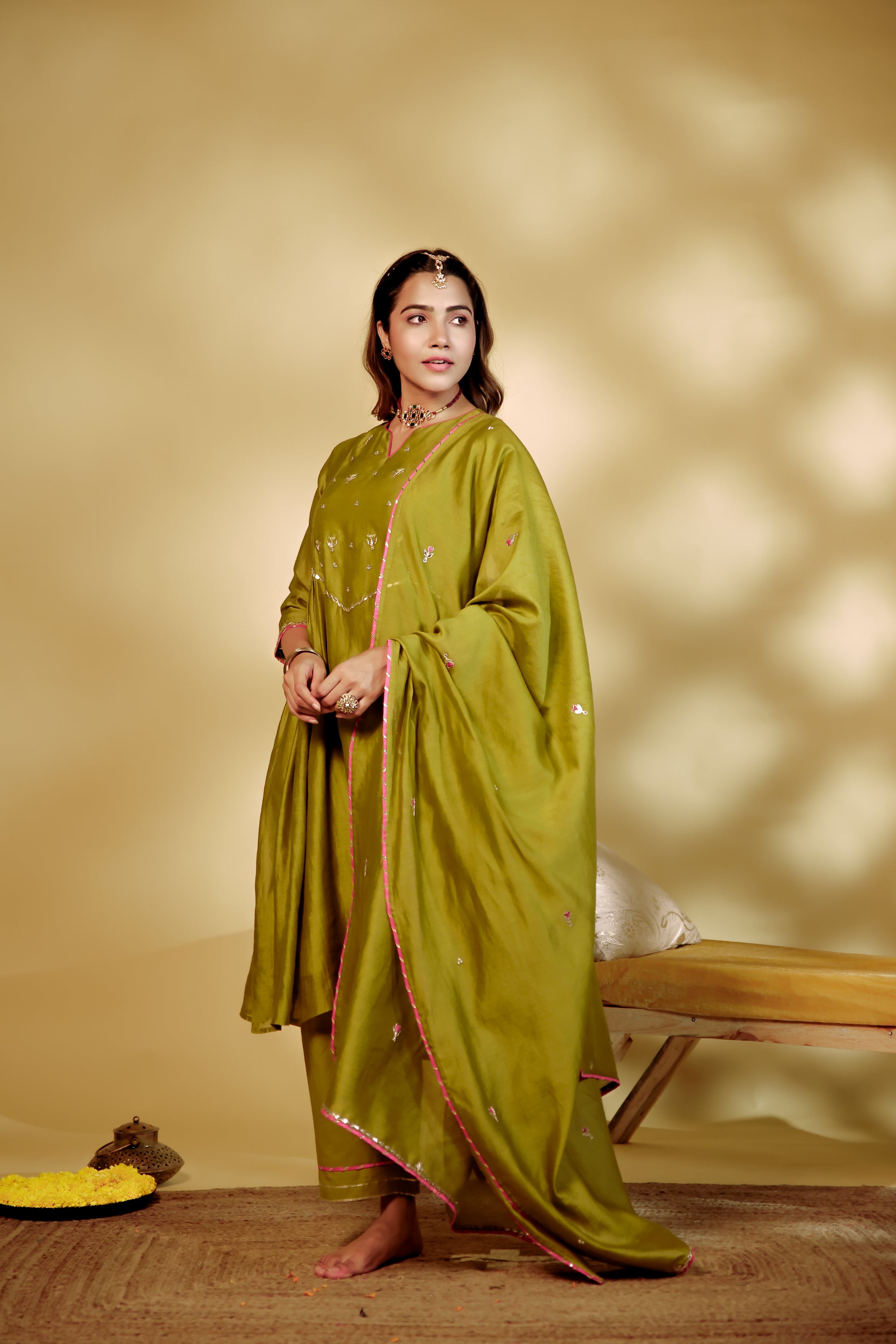 Mahendi Green Hand-Embroidered Chanderi Suit Set