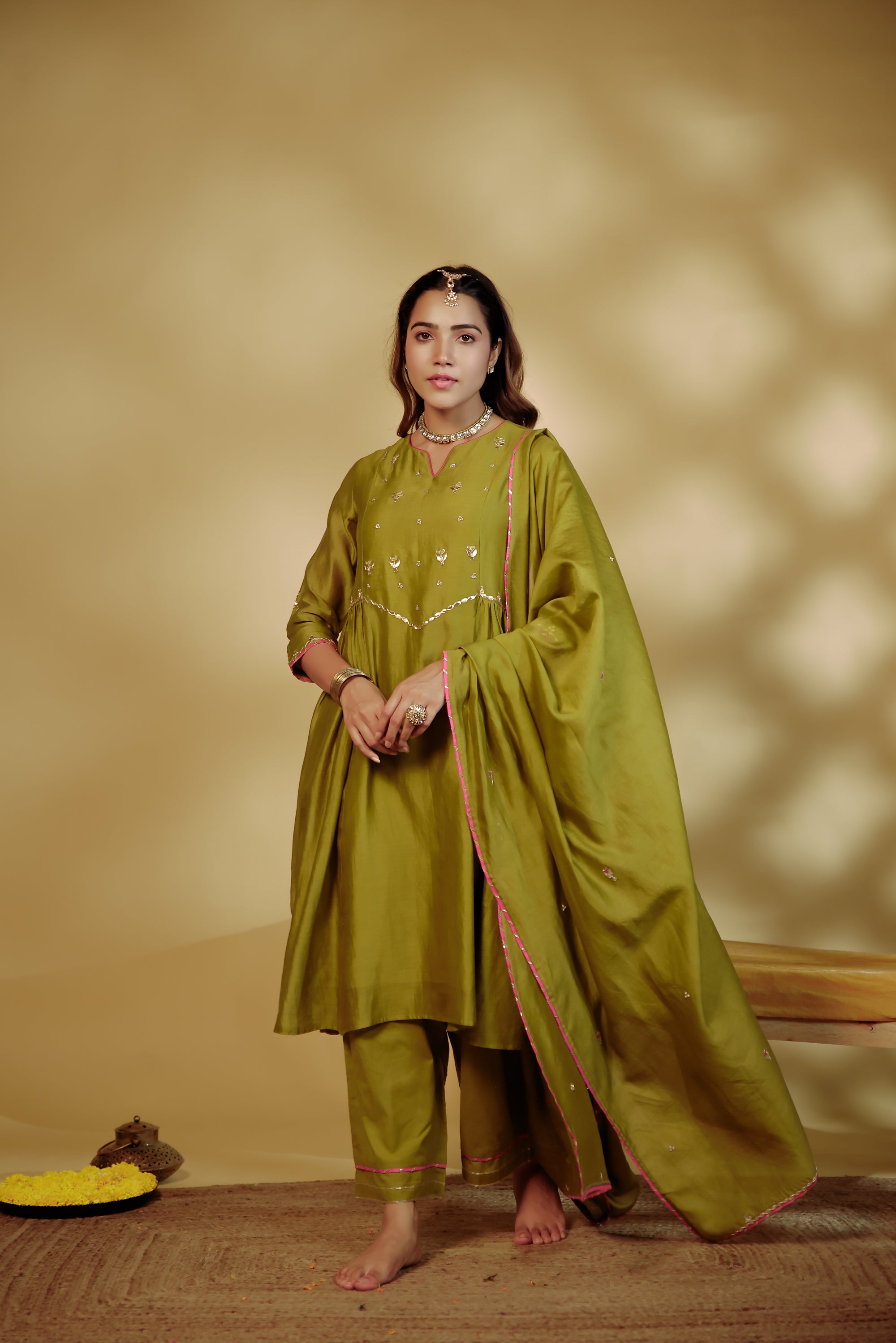 Mahendi Green Hand-Embroidered Chanderi Suit Set