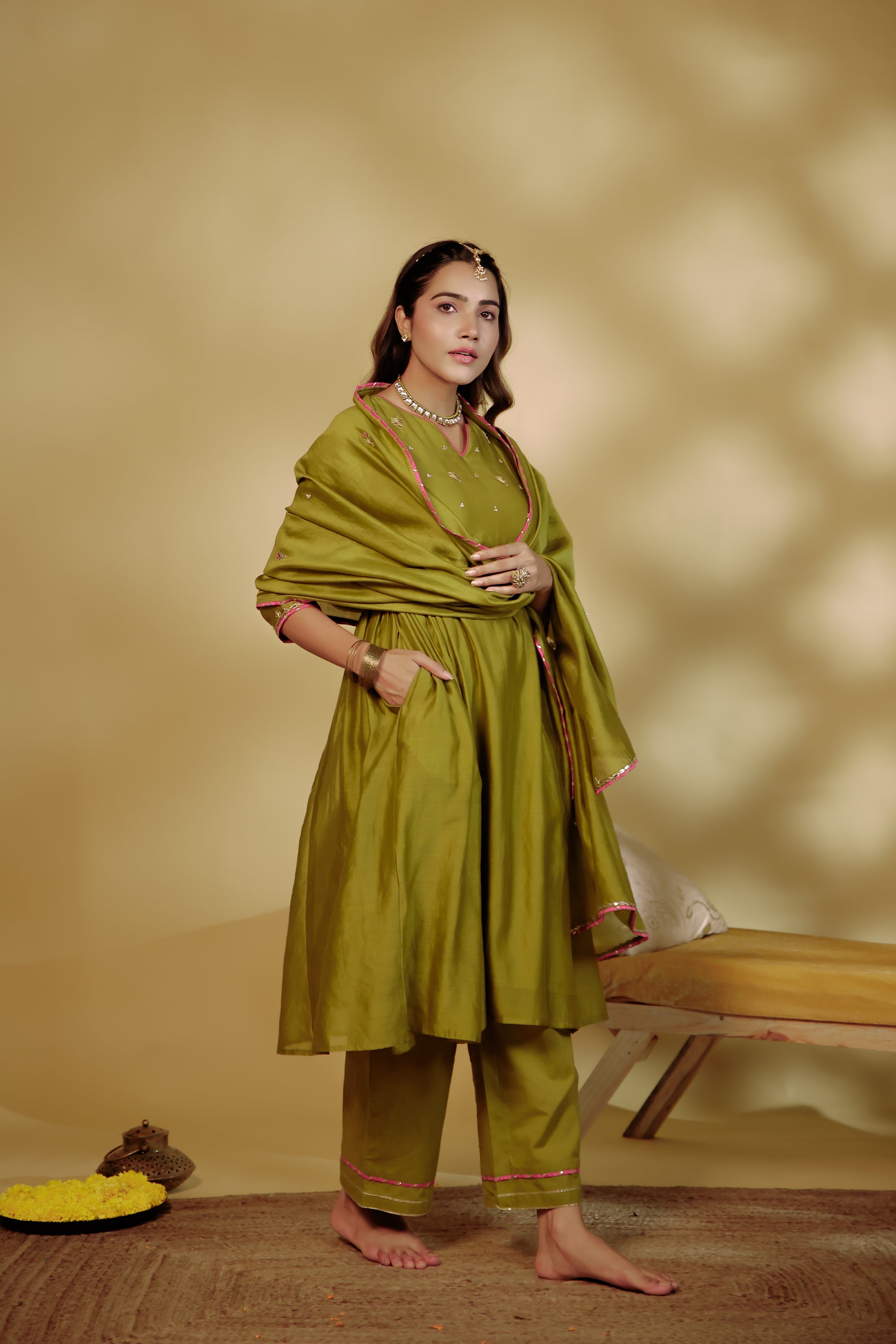Mahendi Green Hand-Embroidered Chanderi Suit Set