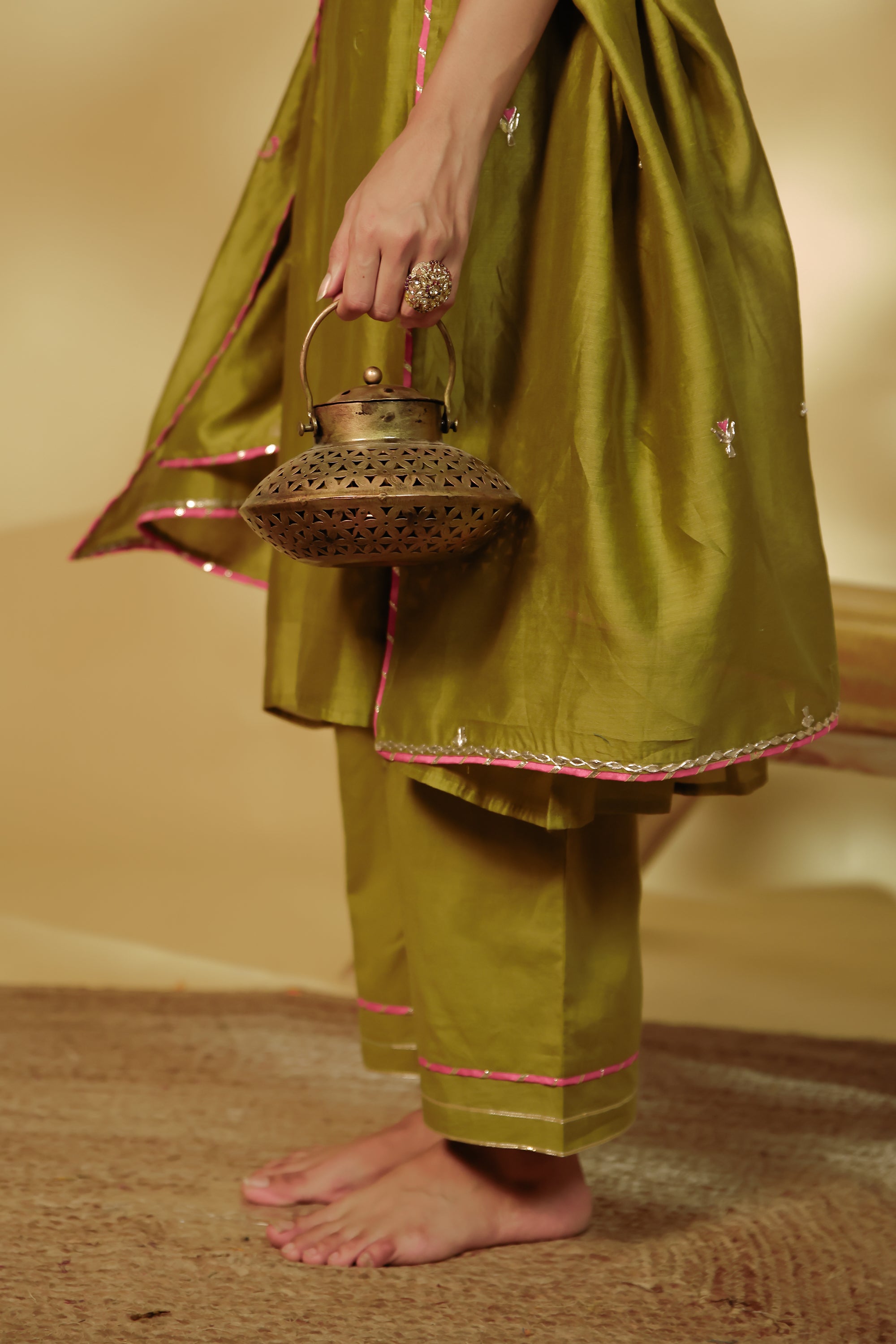 Mahendi Green Hand-Embroidered Chanderi Suit Set