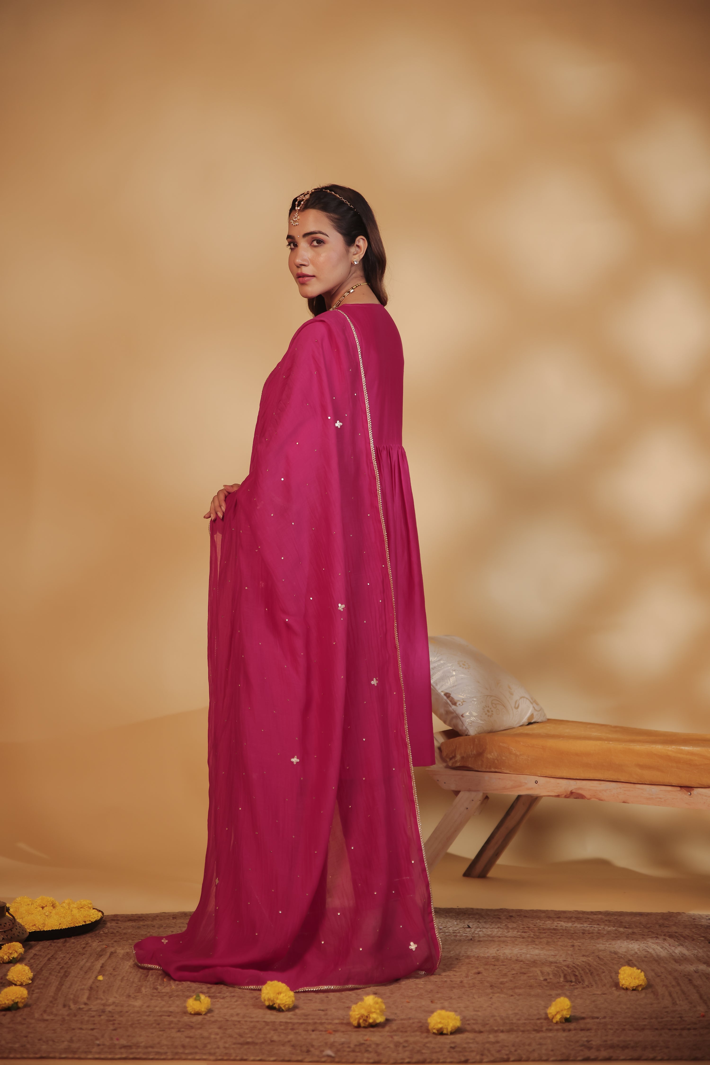 Rani Pink Hand-Embroidered Chanderi Suit Set