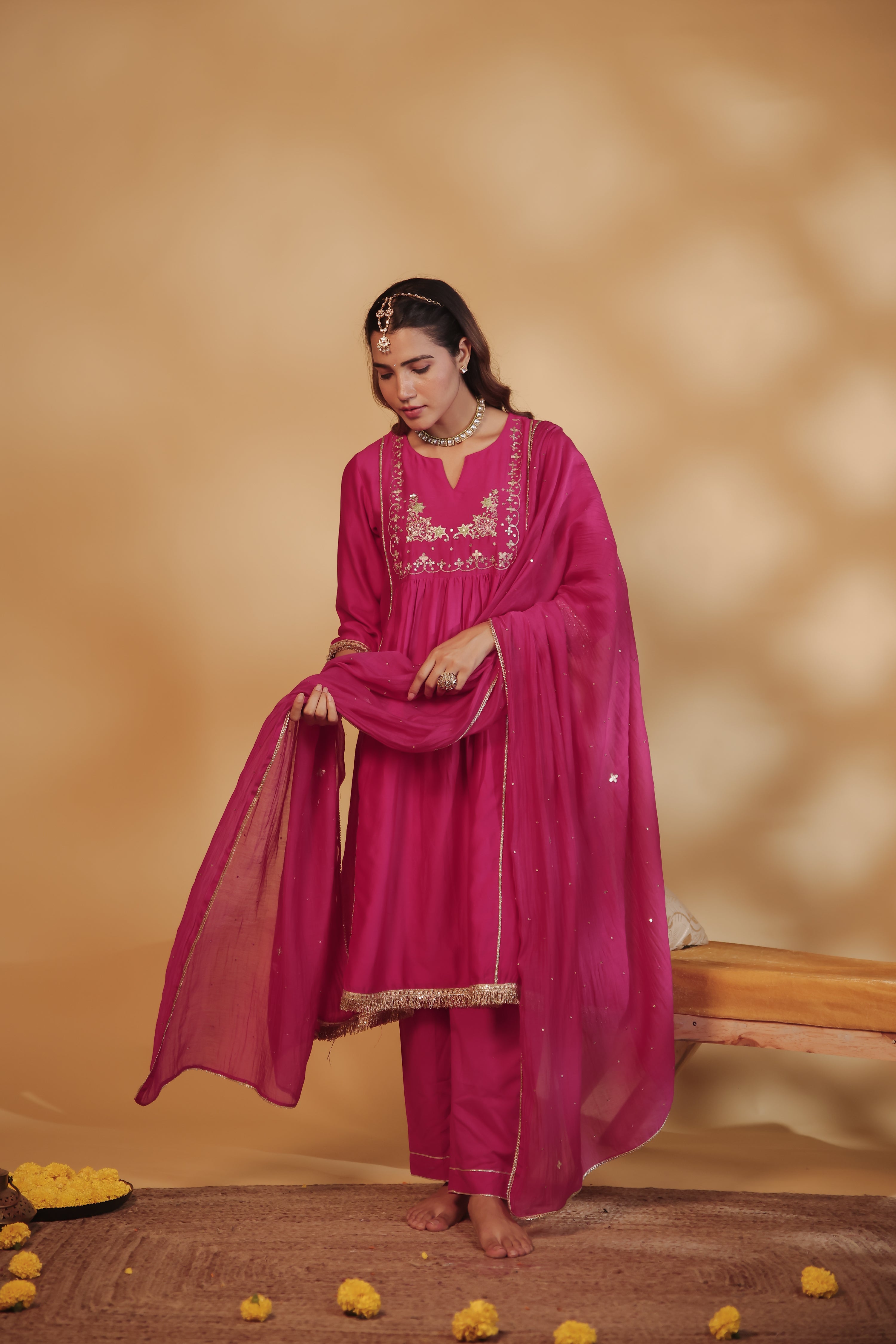 Rani Pink Hand-Embroidered Chanderi Suit Set