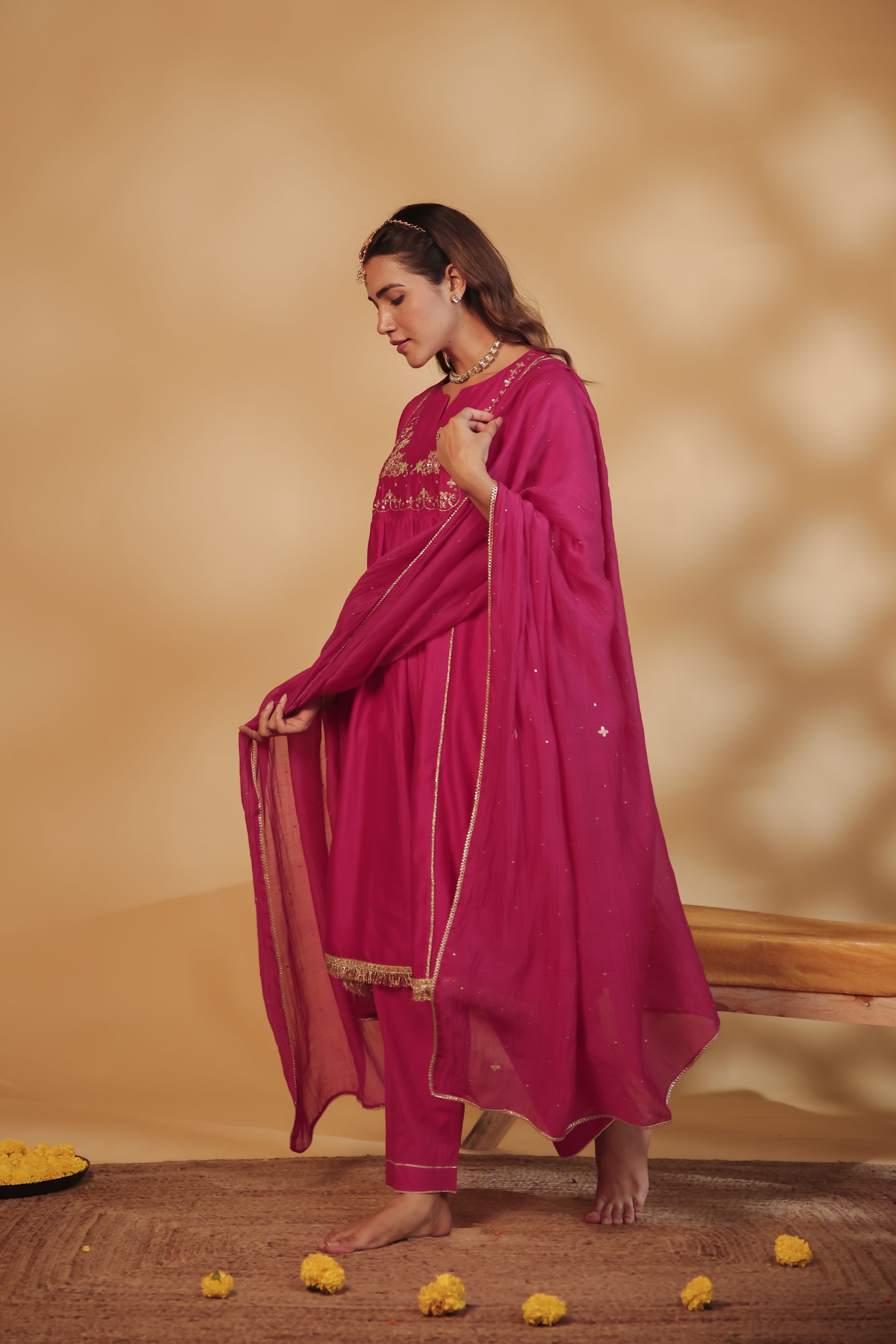 Rani Pink Hand-Embroidered Chanderi Suit Set