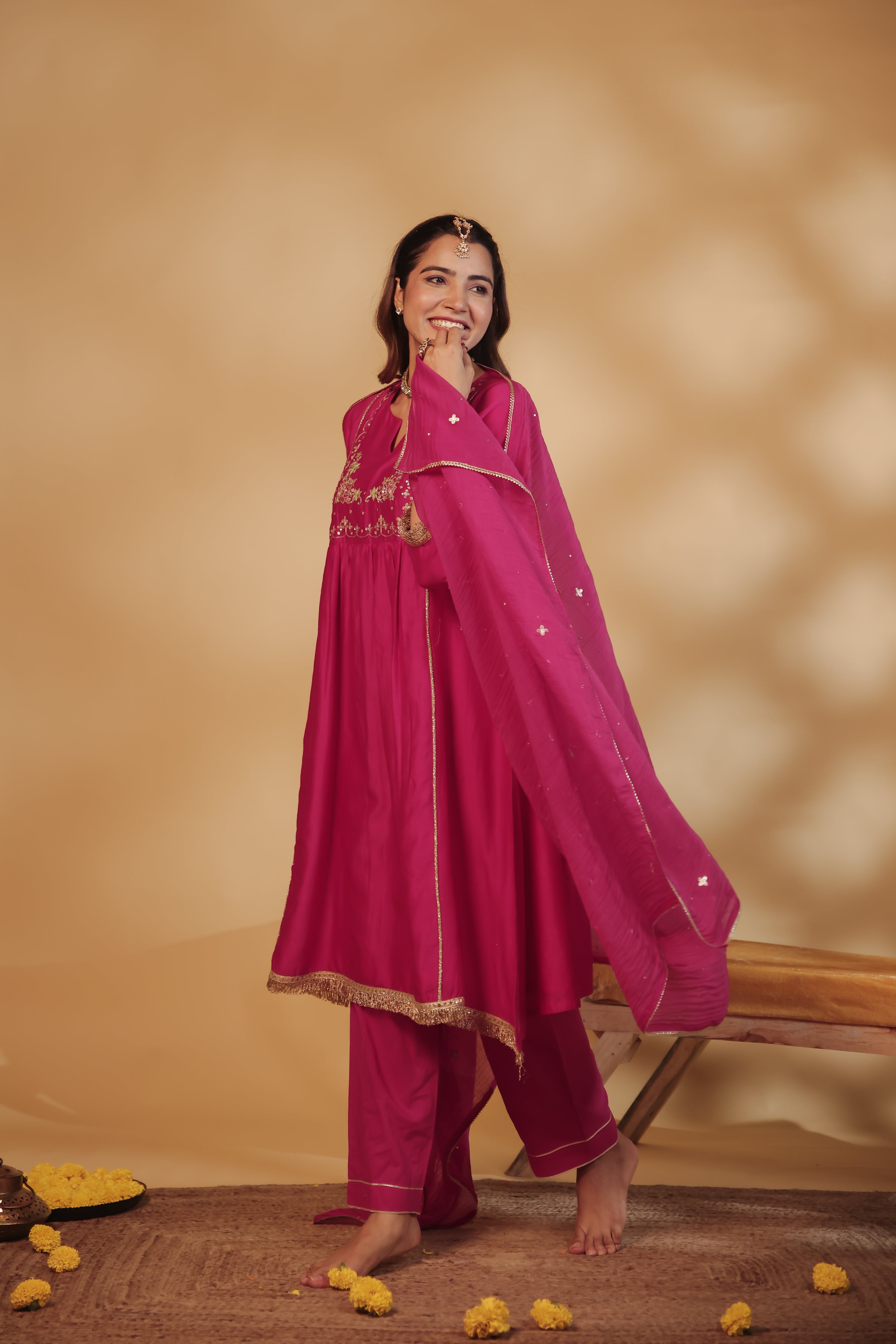 Rani Pink Hand-Embroidered Chanderi Suit Set