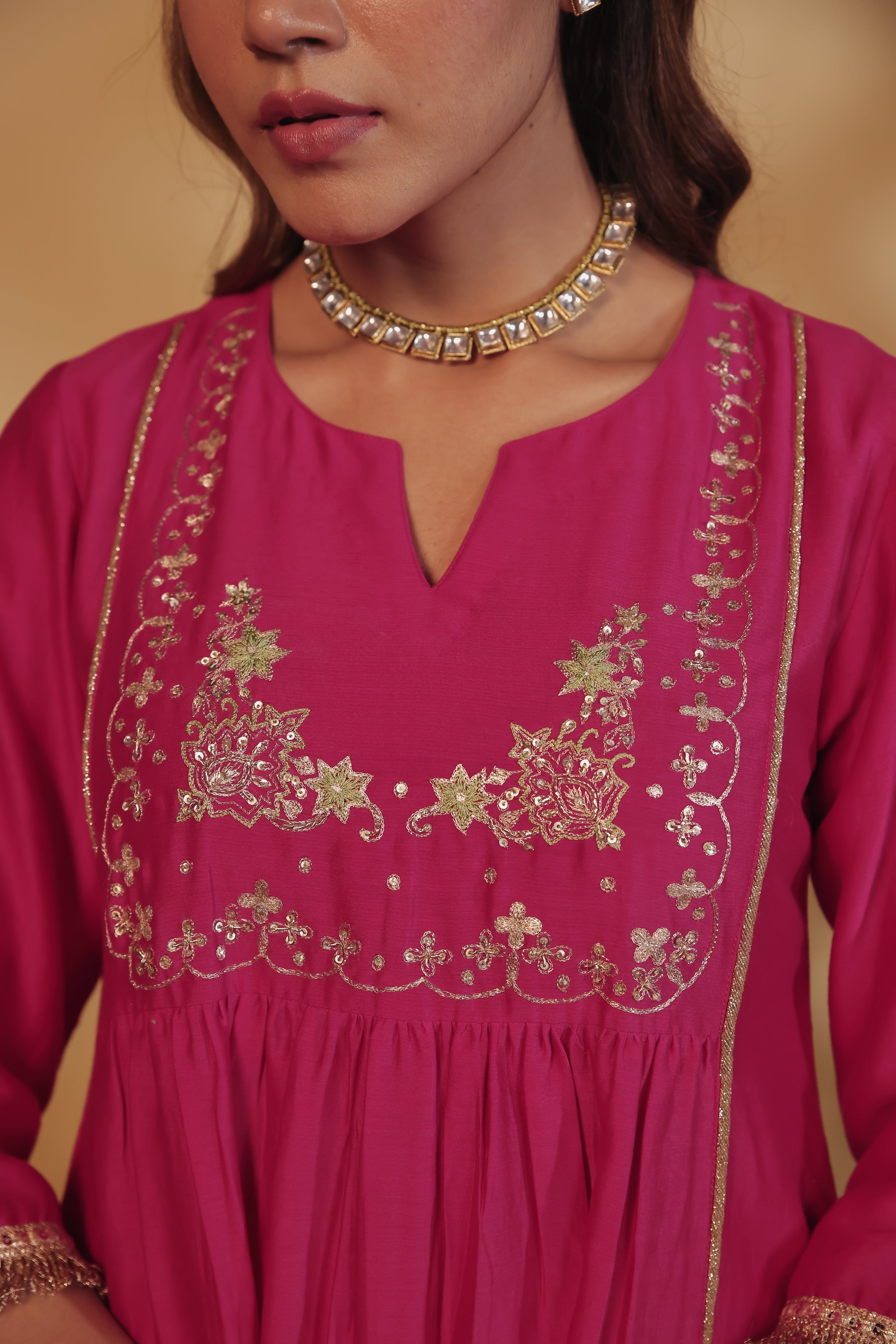 Rani Pink Hand-Embroidered Chanderi Suit Set