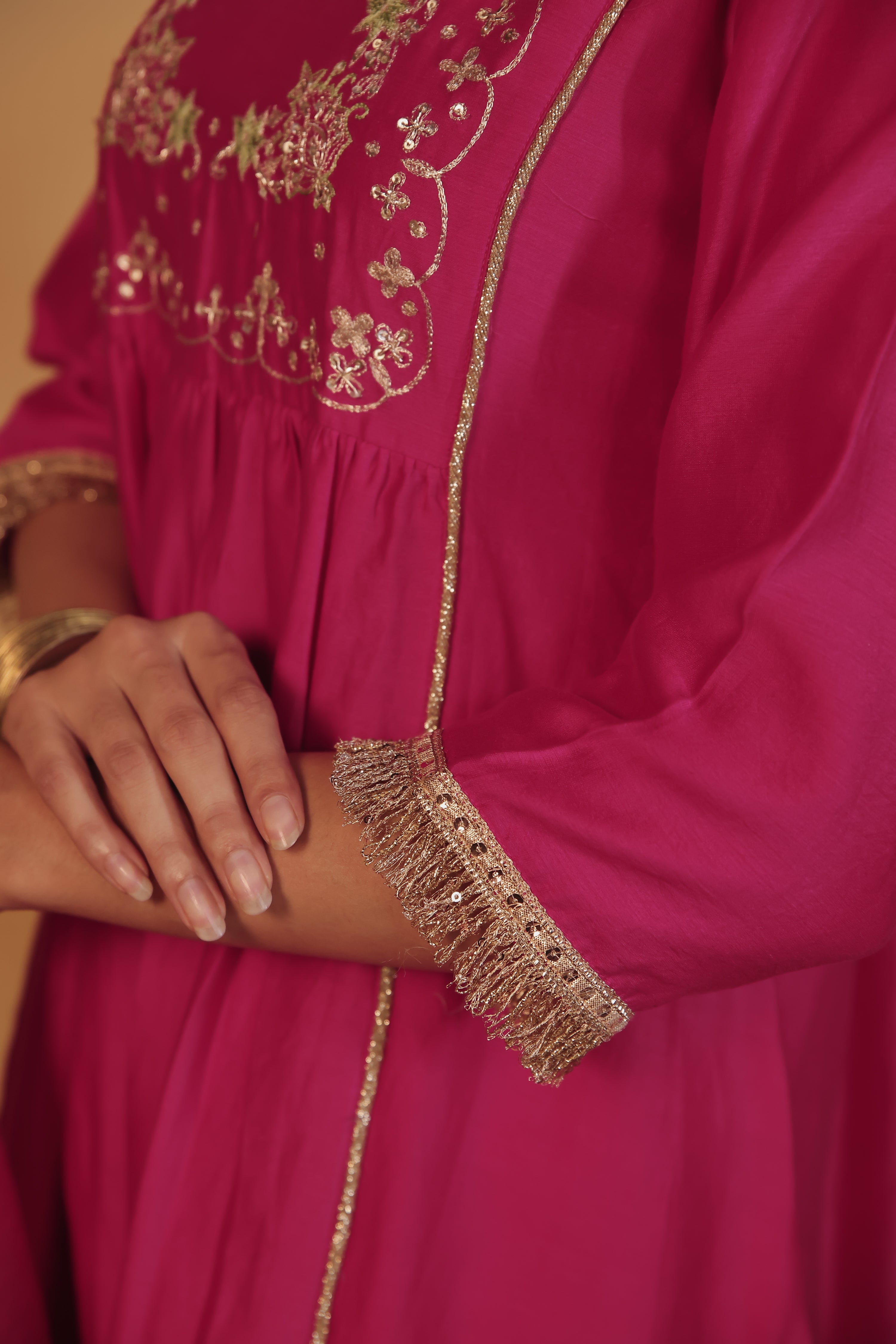 Rani Pink Hand-Embroidered Chanderi Suit Set