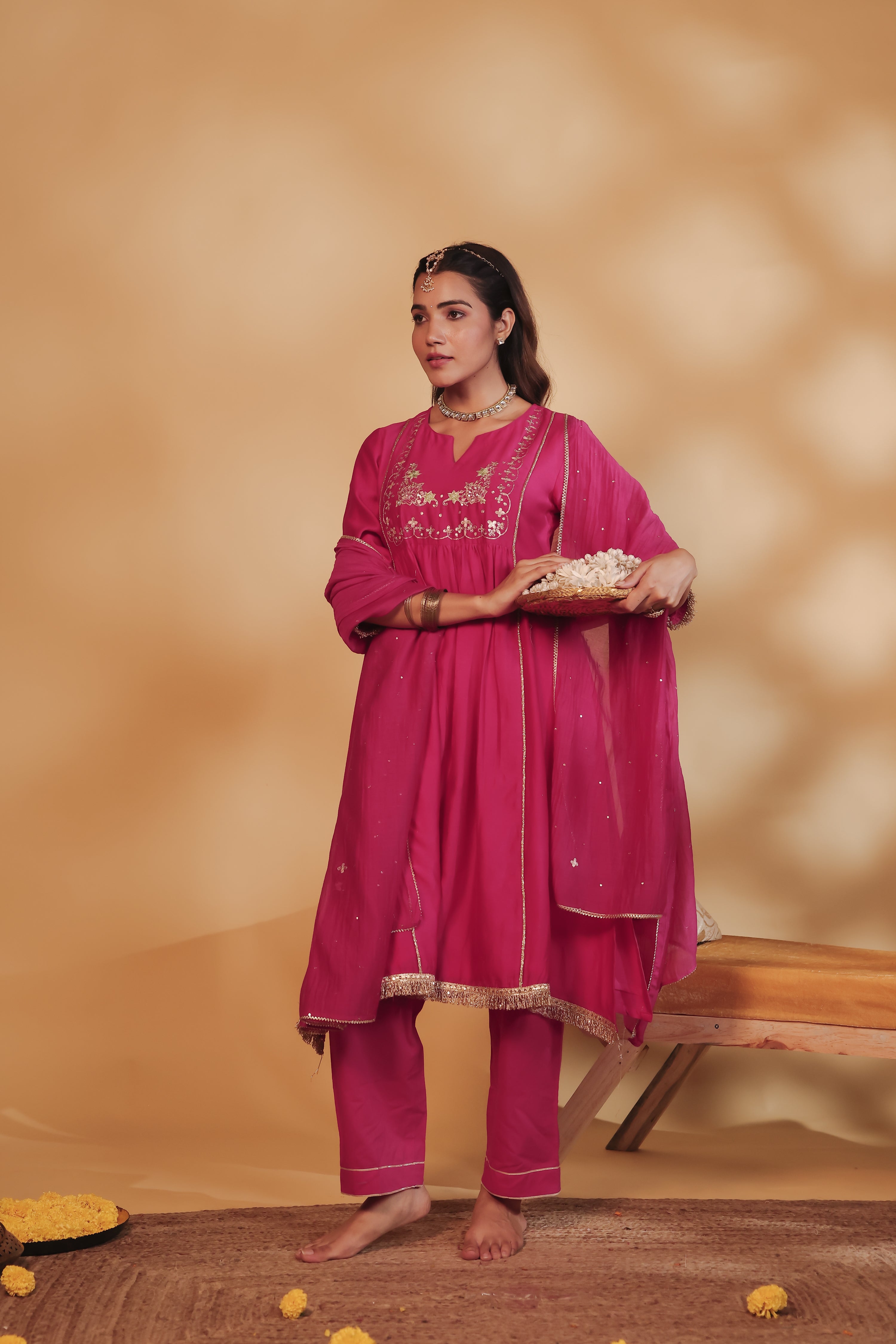 Rani Pink Hand-Embroidered Chanderi Suit Set