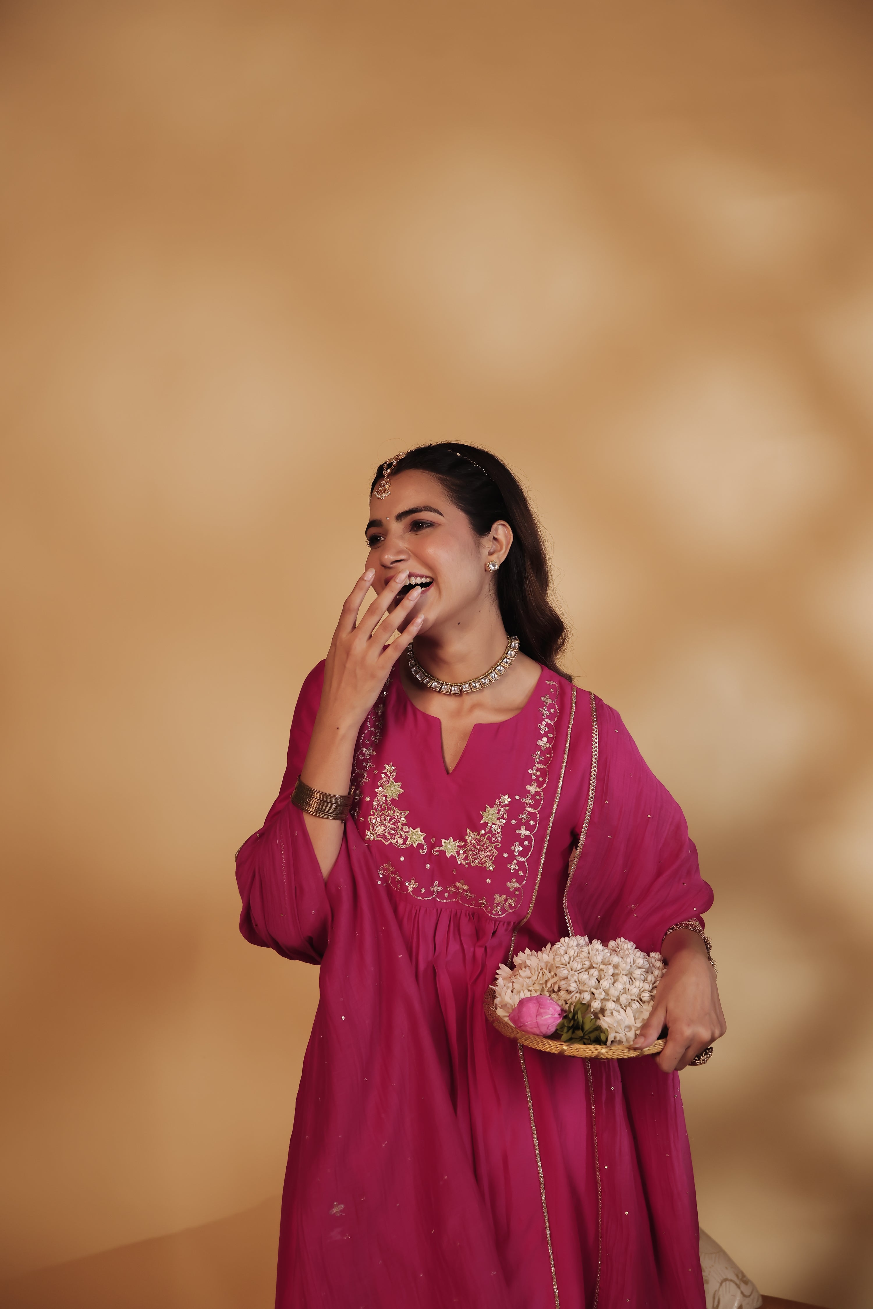 Rani Pink Hand-Embroidered Chanderi Suit Set