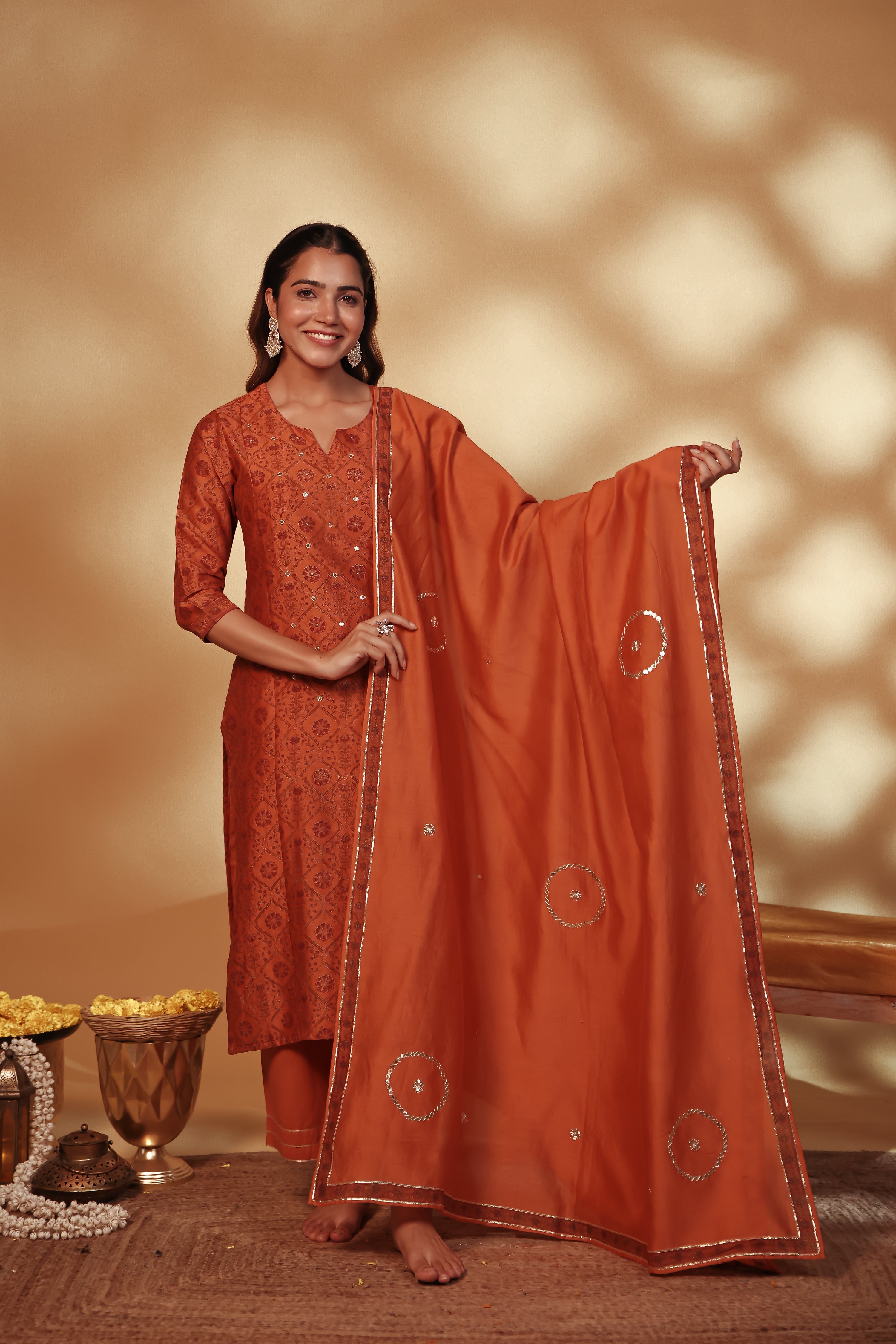 Rust Hand Embroidery Chanderi Suit Set