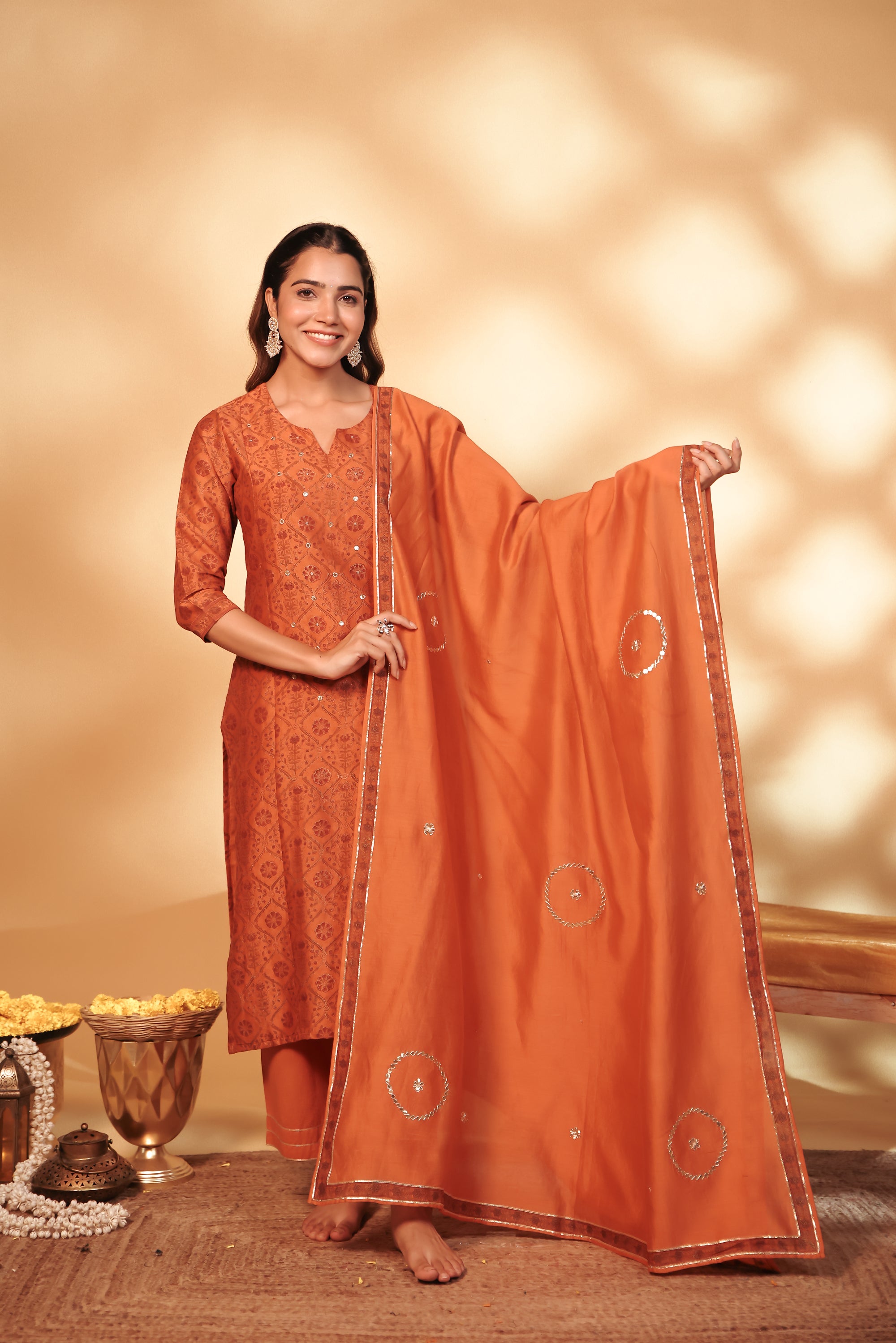 Rust Hand Embroidery Chanderi Suit Set