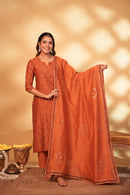 Rust Hand Embroidery Chanderi Suit Set