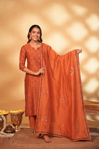 Rust Hand Embroidery Chanderi Suit Set