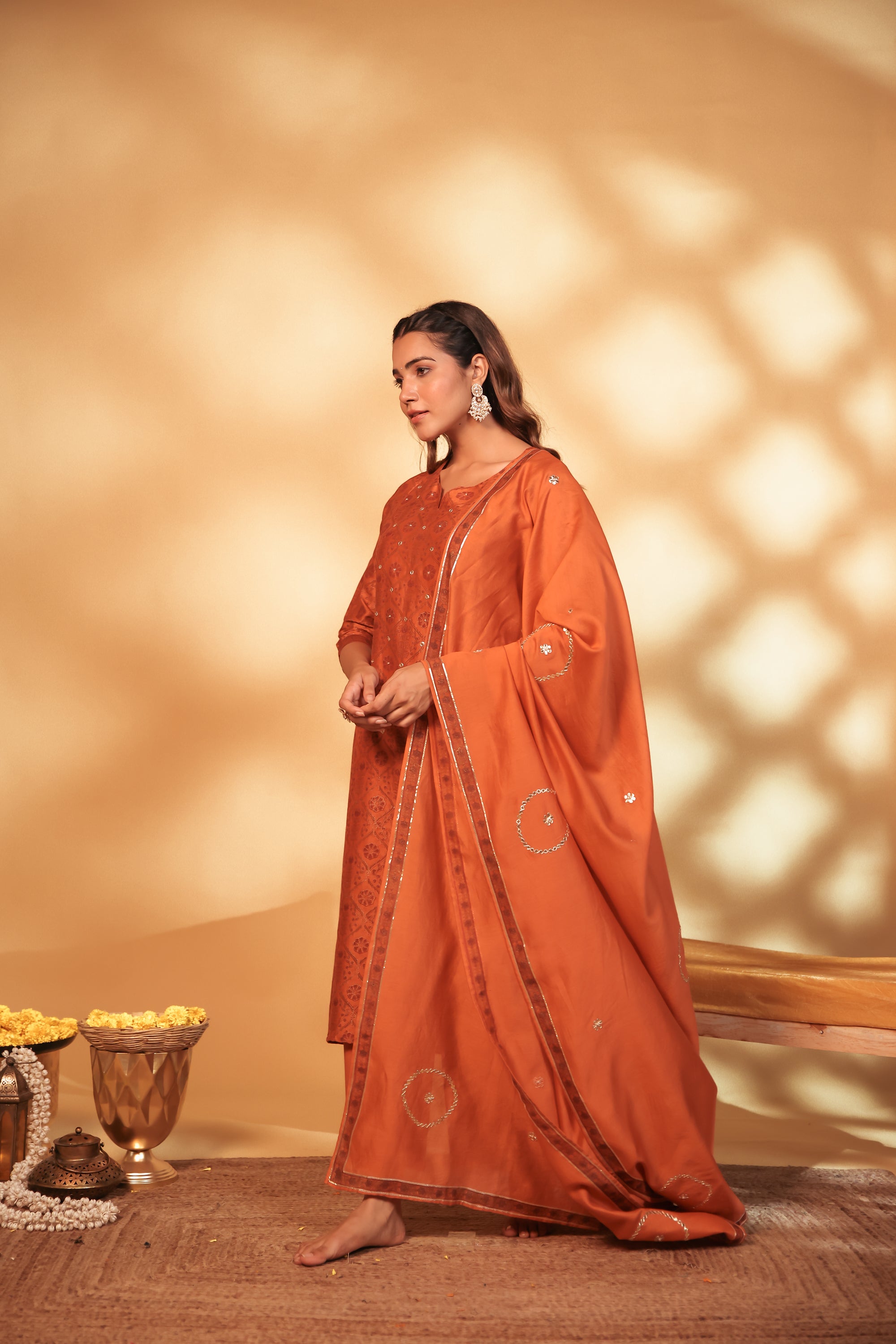 Rust Hand Embroidery Chanderi Suit Set