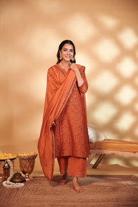 Rust Hand Embroidery Chanderi Suit Set
