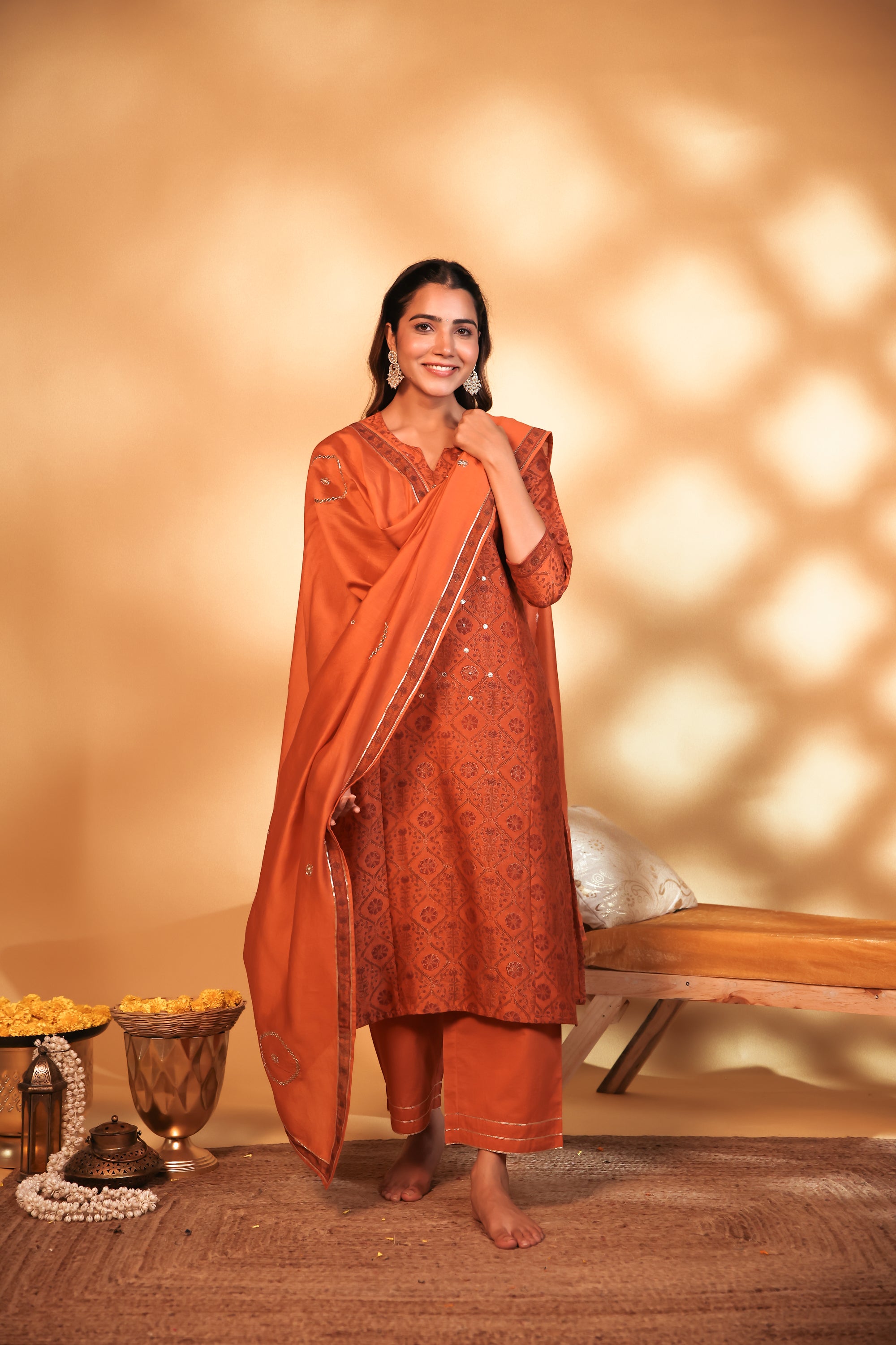 Rust Hand Embroidery Chanderi Suit Set