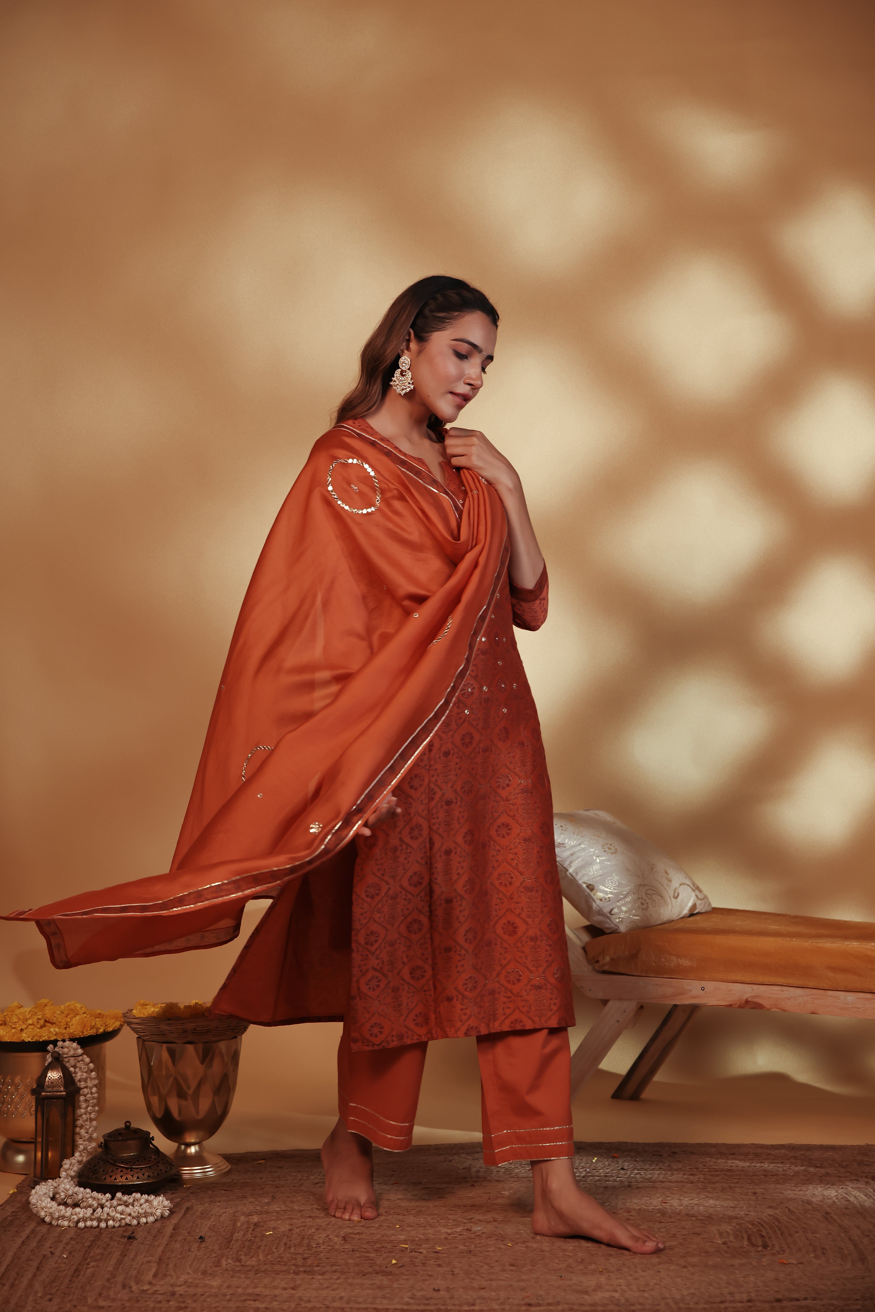 Rust Hand Embroidery Chanderi Suit Set