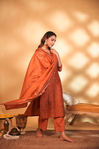 Rust Hand Embroidery Chanderi Suit Set