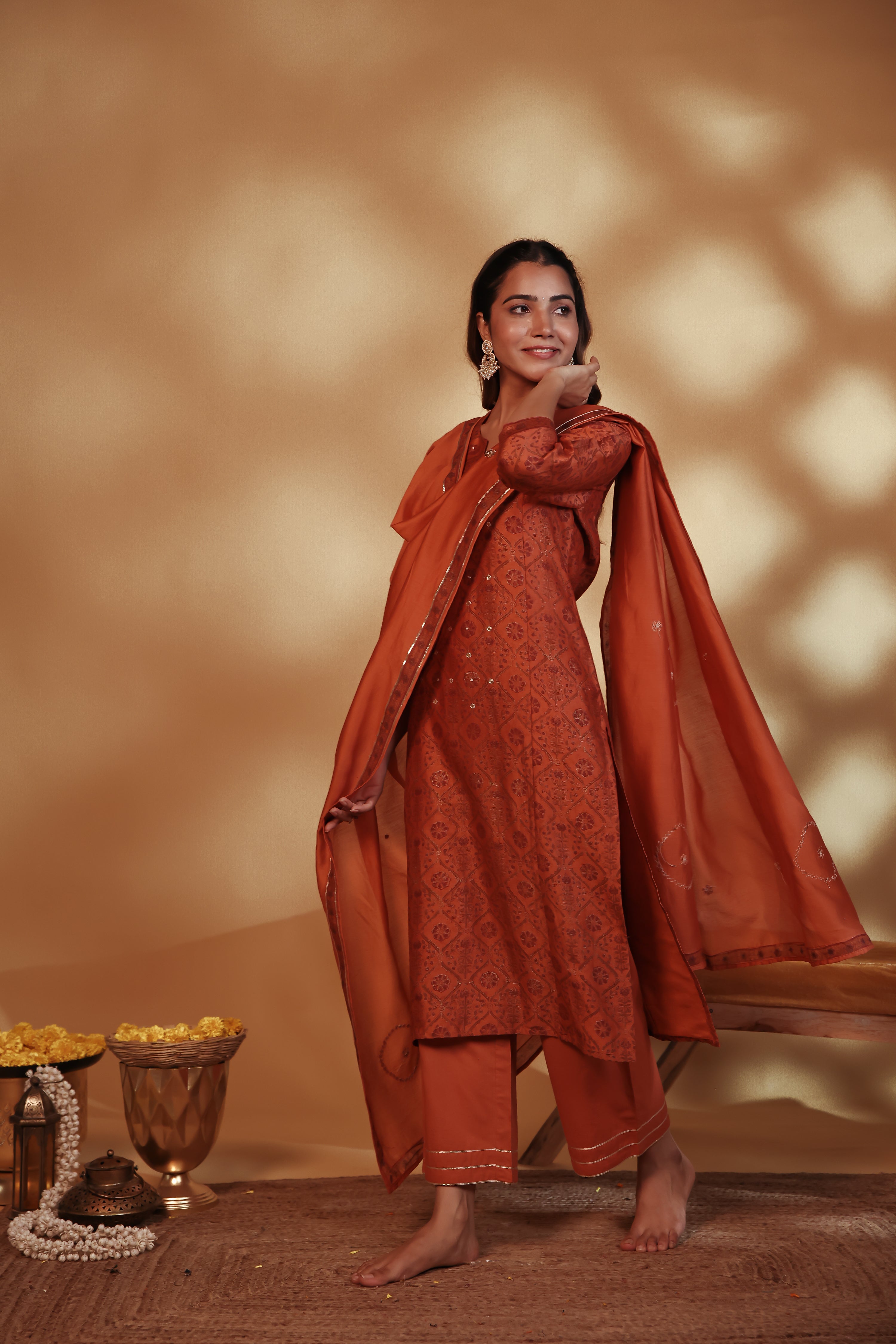 Rust Hand Embroidery Chanderi Suit Set