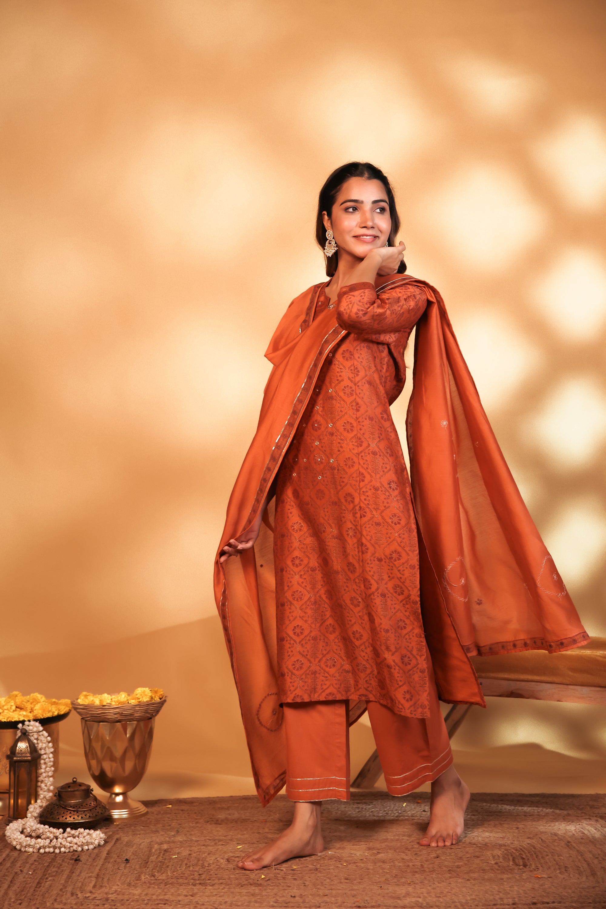 Rust Hand Embroidery Chanderi Suit Set