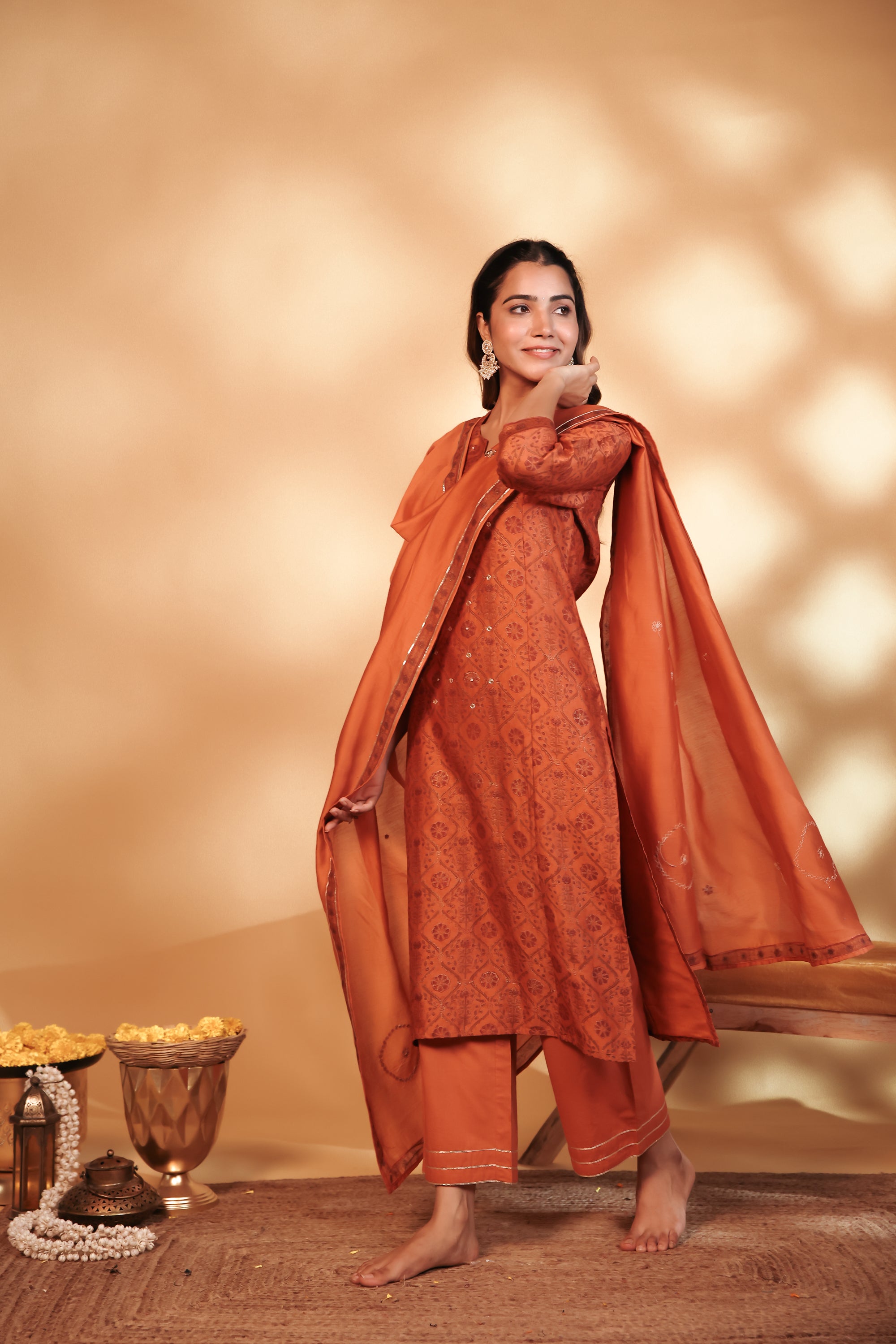 Rust Hand Embroidery Chanderi Suit Set