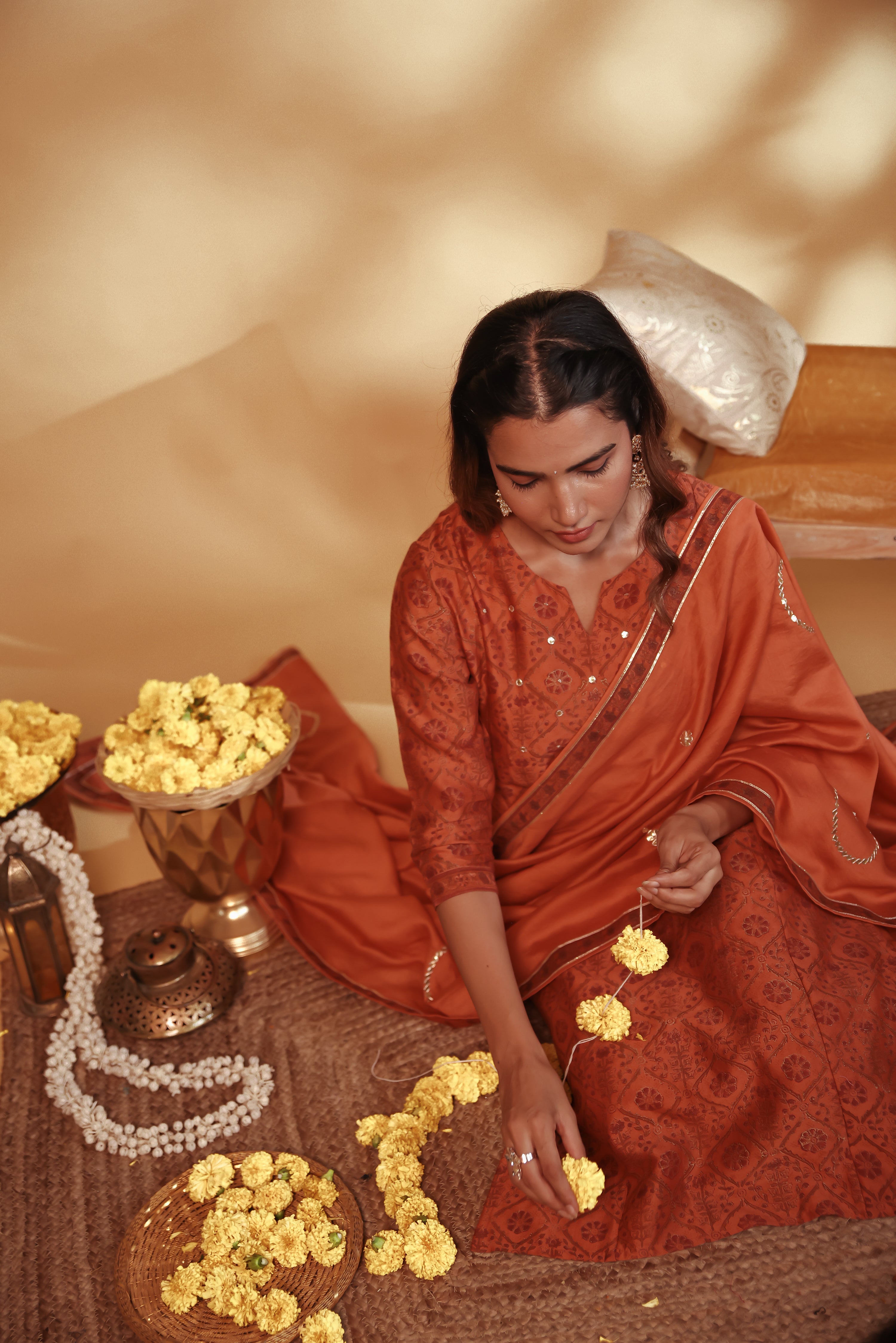 Rust Hand Embroidery Chanderi Suit Set