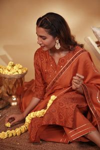 Rust Hand Embroidery Chanderi Suit Set
