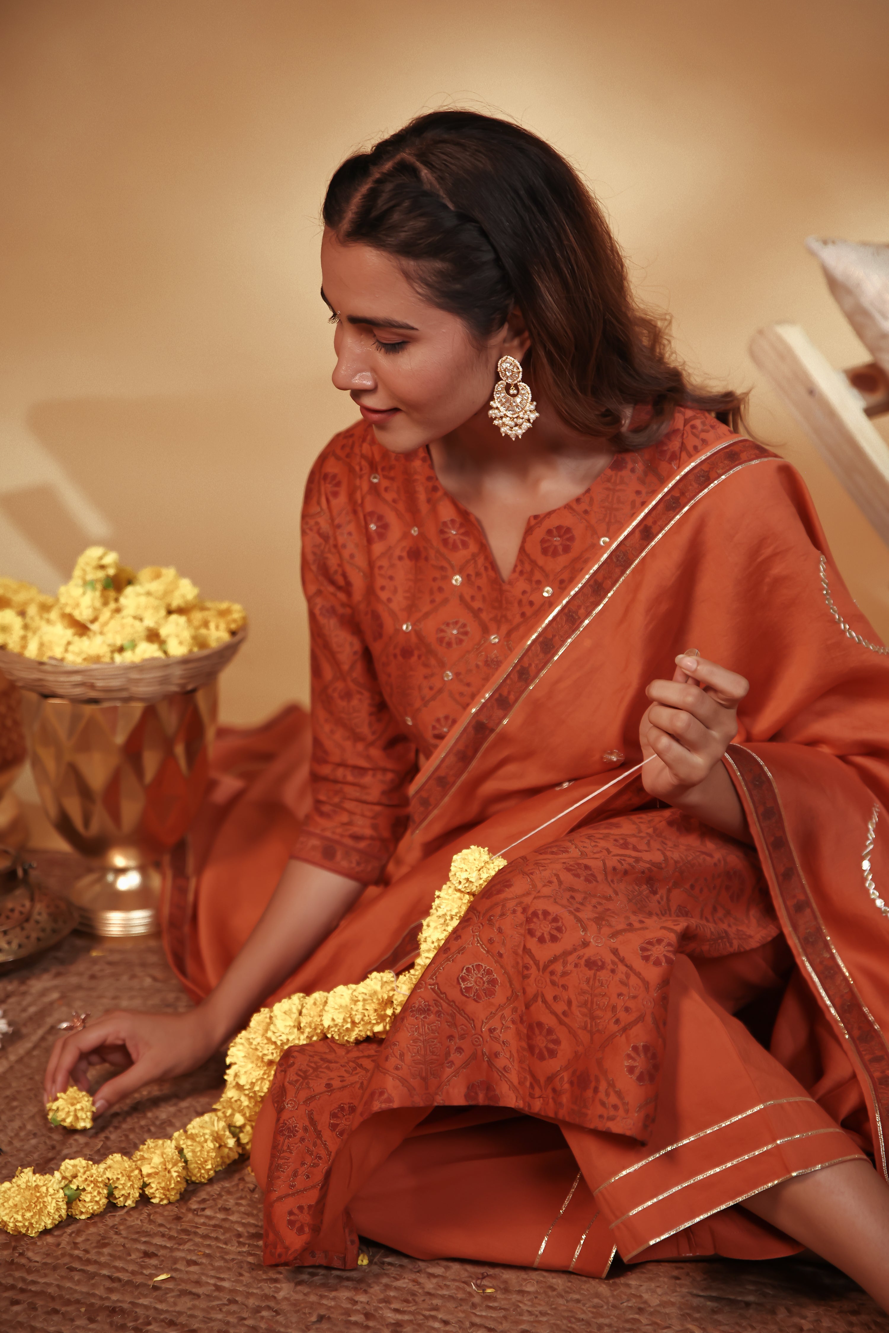 Rust Hand Embroidery Chanderi Suit Set