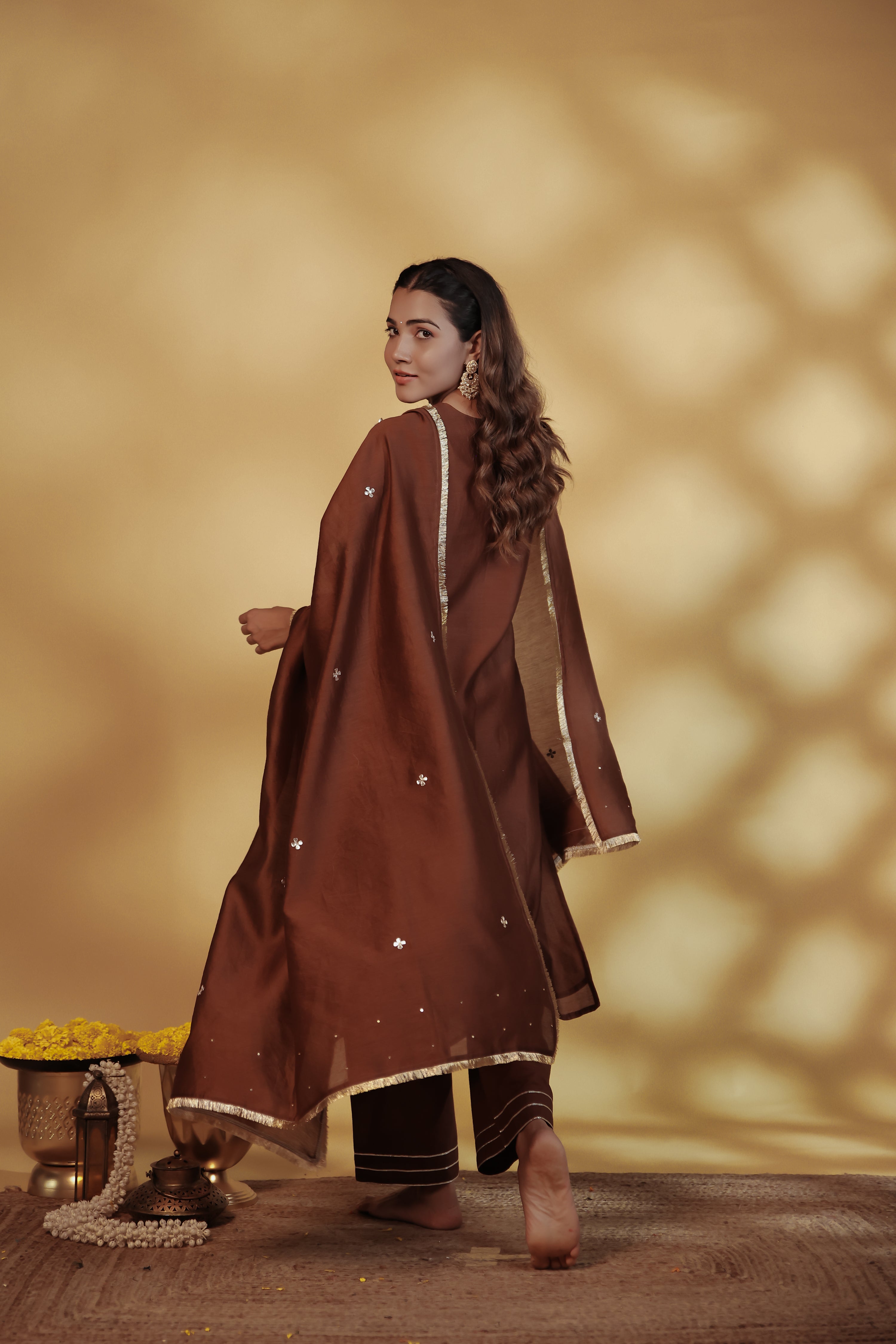 Brown Chanderi Hand-Embroidered Suit Set