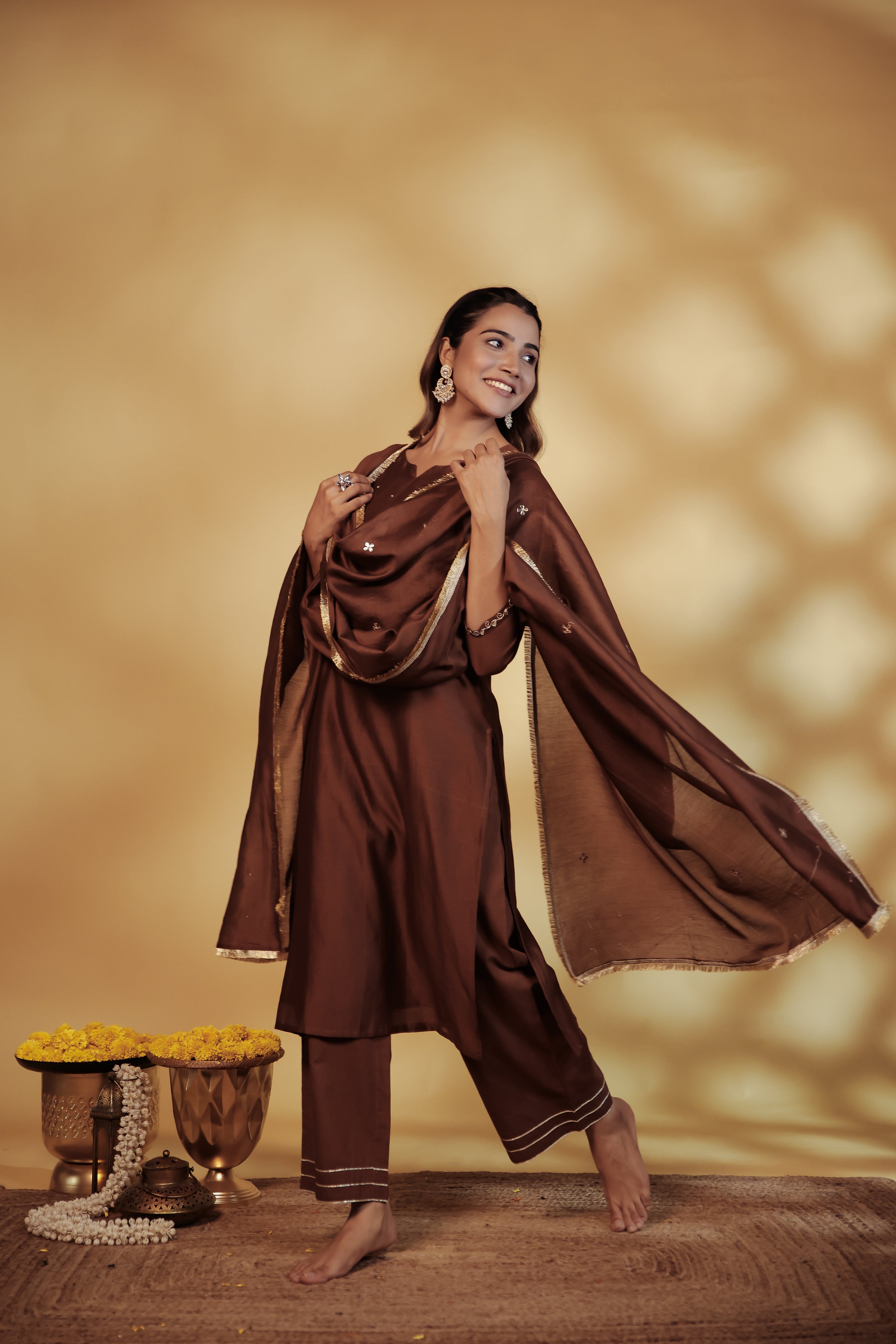 Brown Chanderi Hand-Embroidered Suit Set