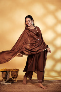 Brown Chanderi Hand-Embroidered Suit Set