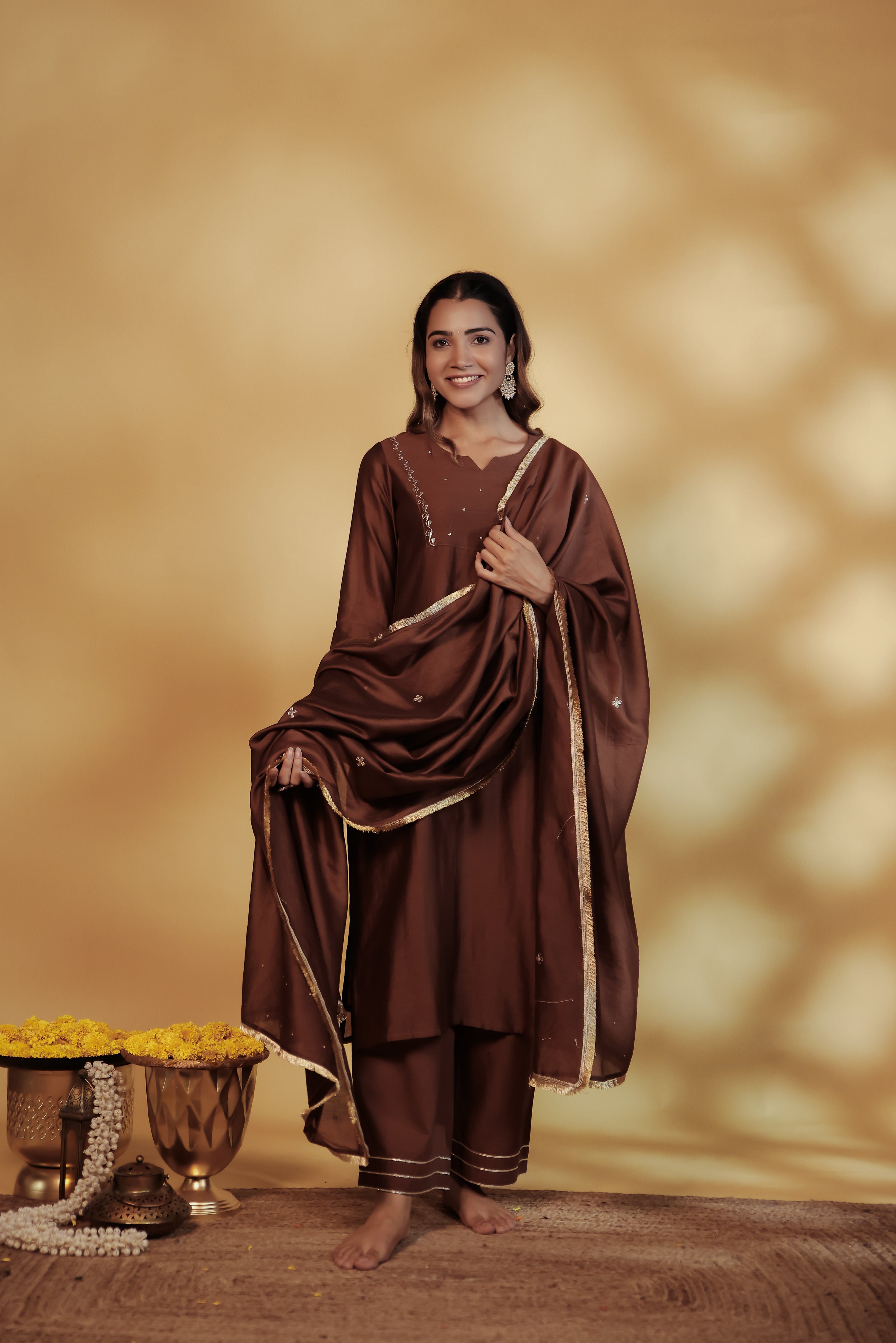 Brown Chanderi Hand-Embroidered Suit Set