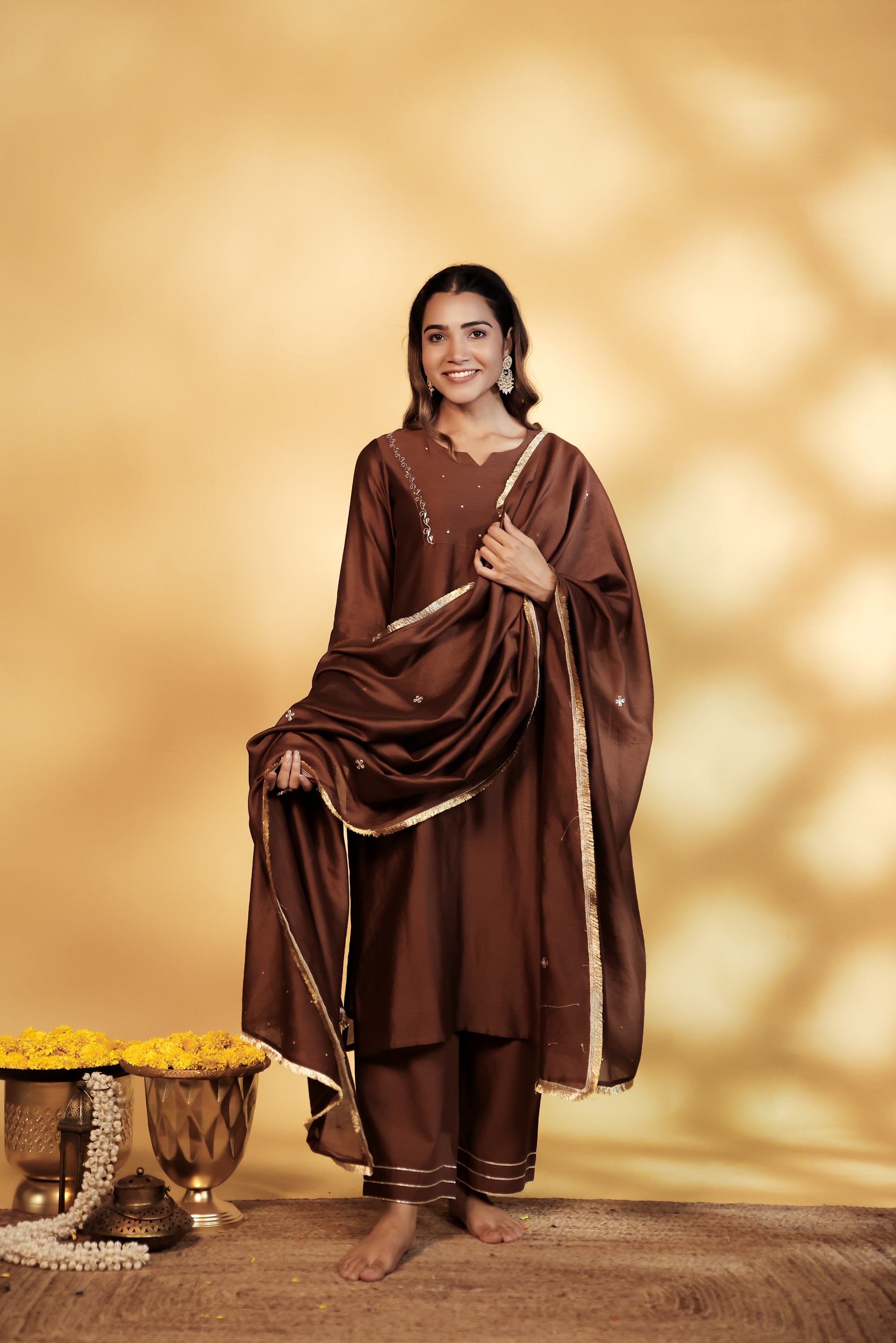Brown Chanderi Hand-Embroidered Suit Set