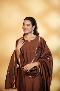 Brown Chanderi Hand-Embroidered Suit Set