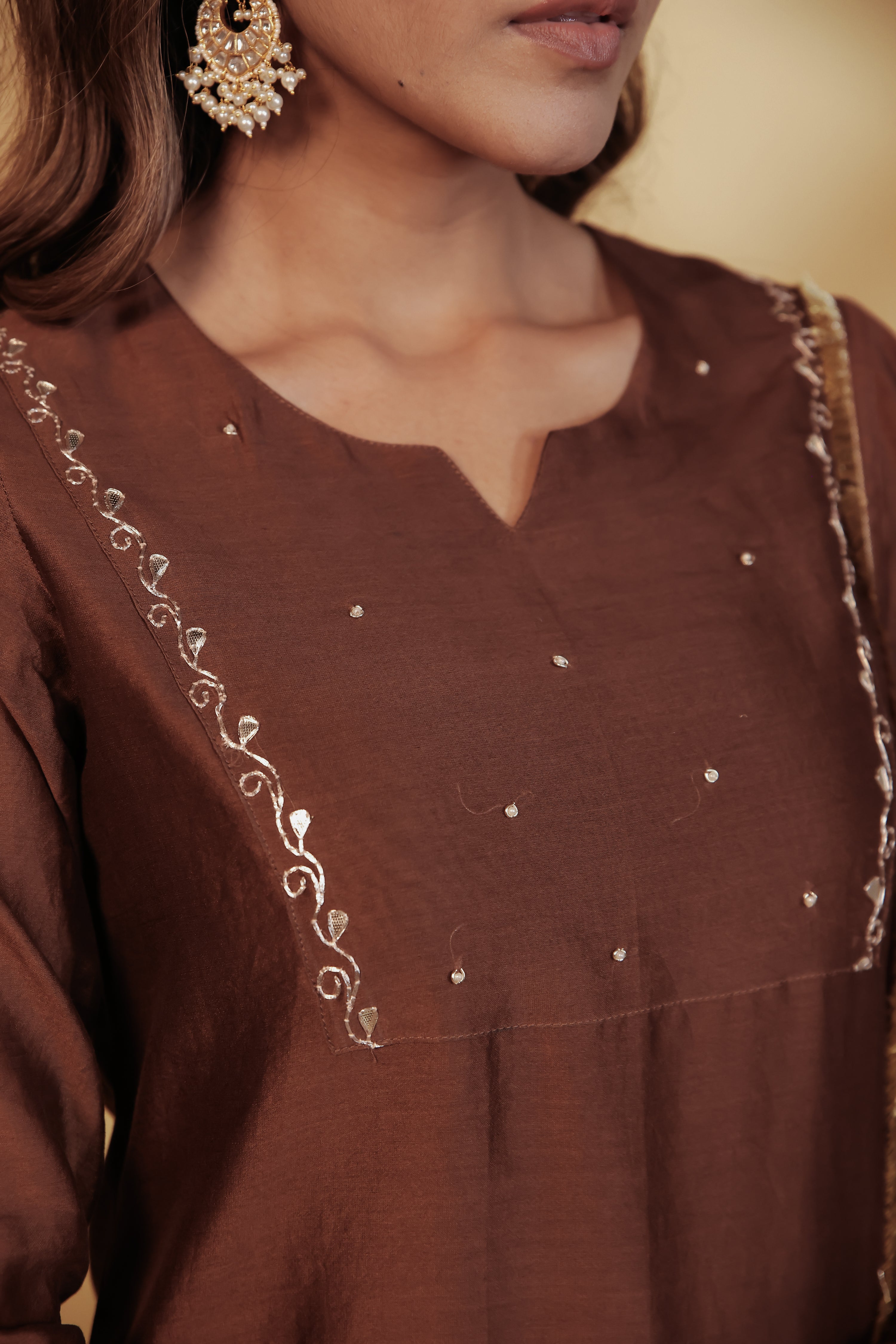 Brown Chanderi Hand-Embroidered Suit Set