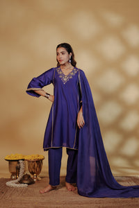 Blue Chanderi Hand-Embroidered Suit Set