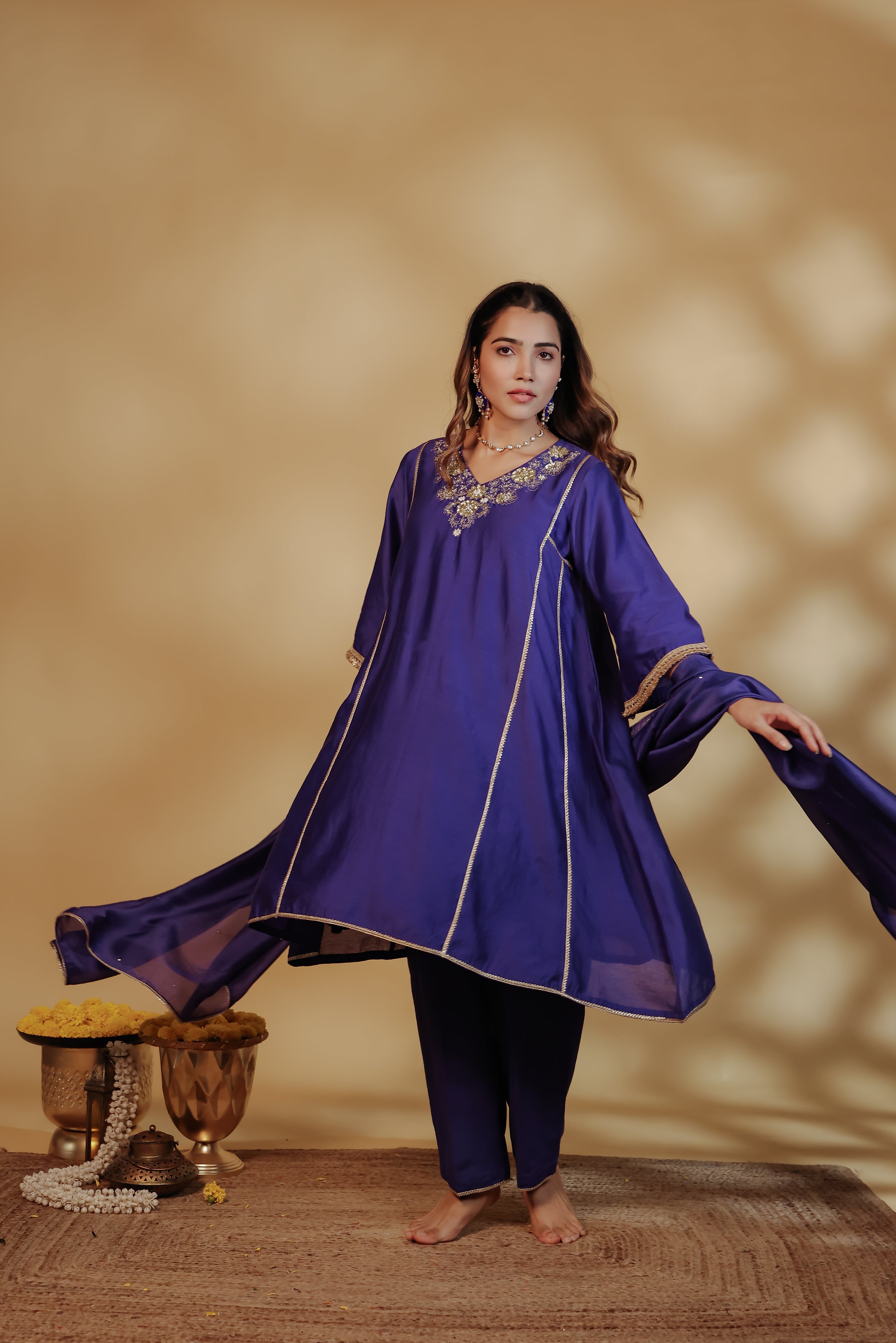 Blue Chanderi Hand-Embroidered Suit Set