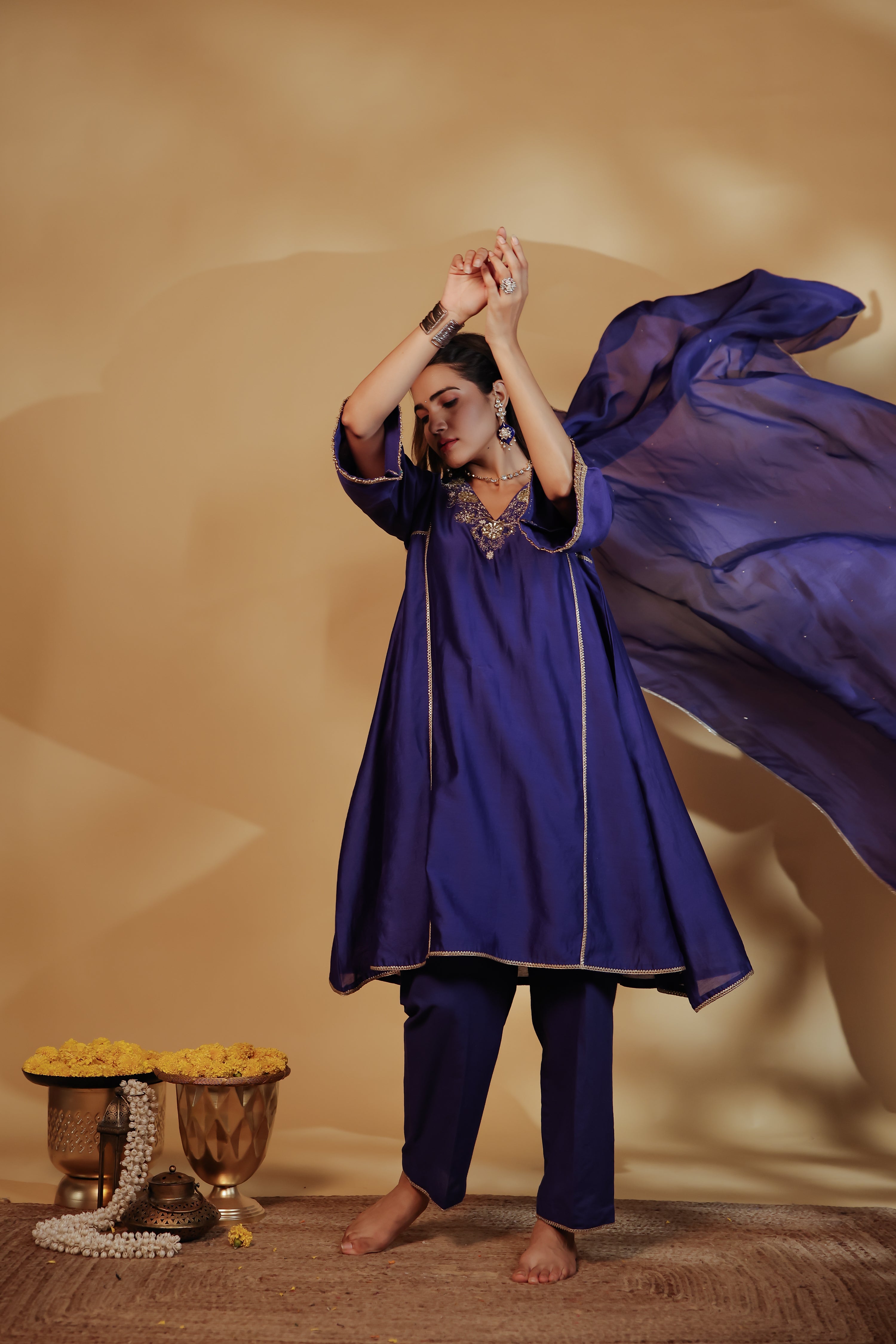 Blue Chanderi Hand-Embroidered Suit Set